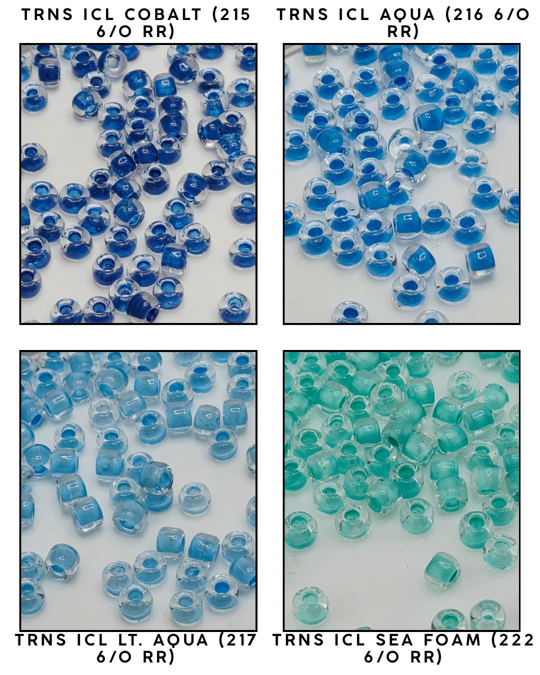 four different arrangements of blue and green beads, each with a label indicating the type of bead and its corresponding color.