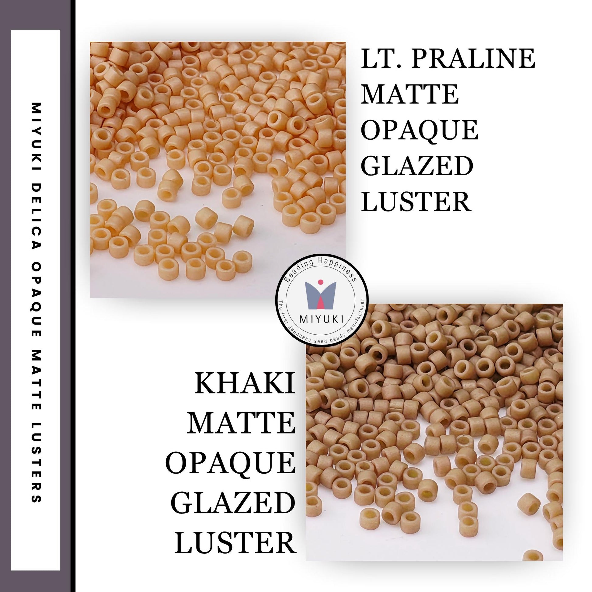 The image is a collage of two images, each depicting a different type of pasta:LT. Praline Matte Opaque Glazed Luster and Khaki Matte Opaque Glazed Luster.