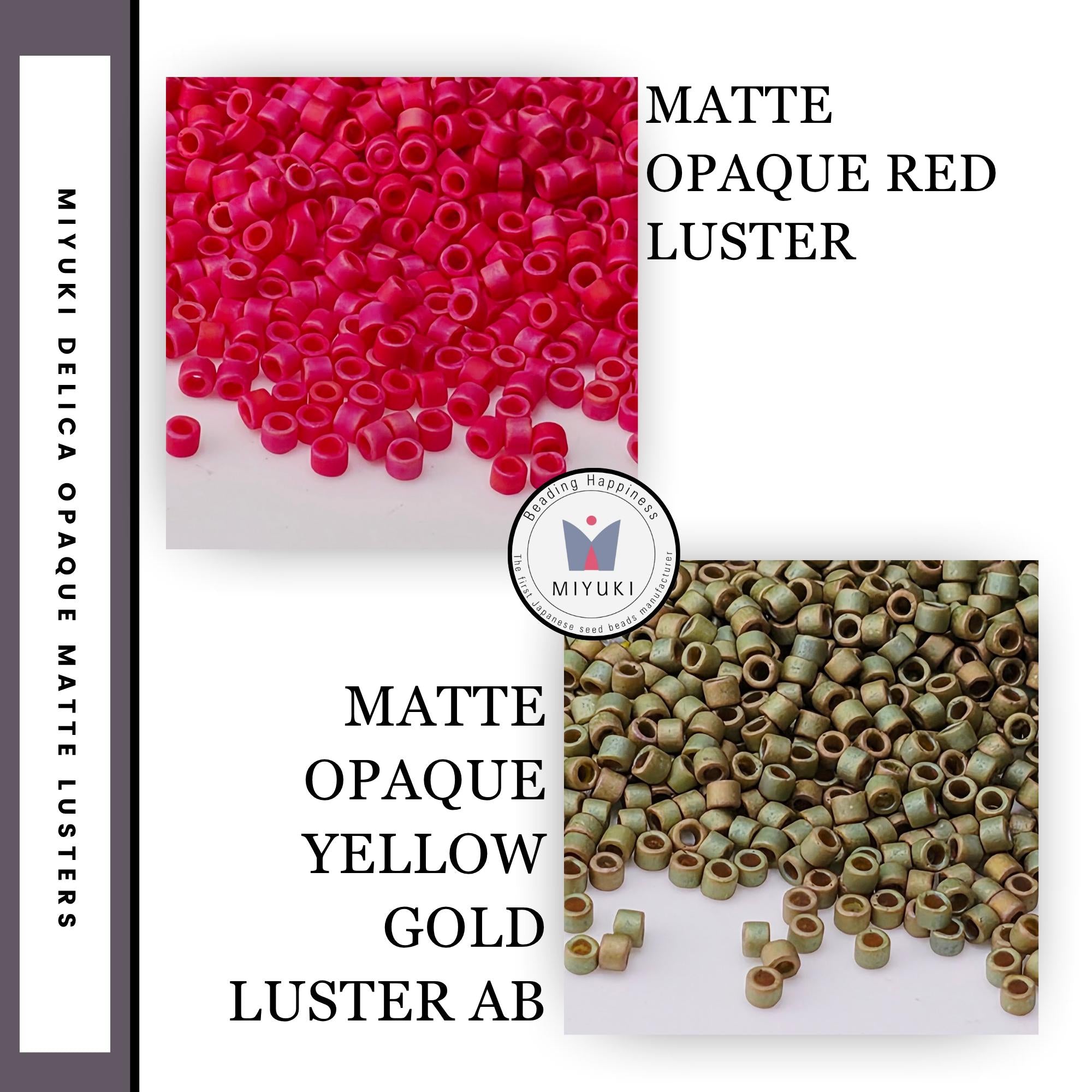 The image is a collage of two images, each showing a different color of Mitoji Delica Opaque Red Luster beads. The first image displays a pile of red beads, while the second image shows a pile of green beads.