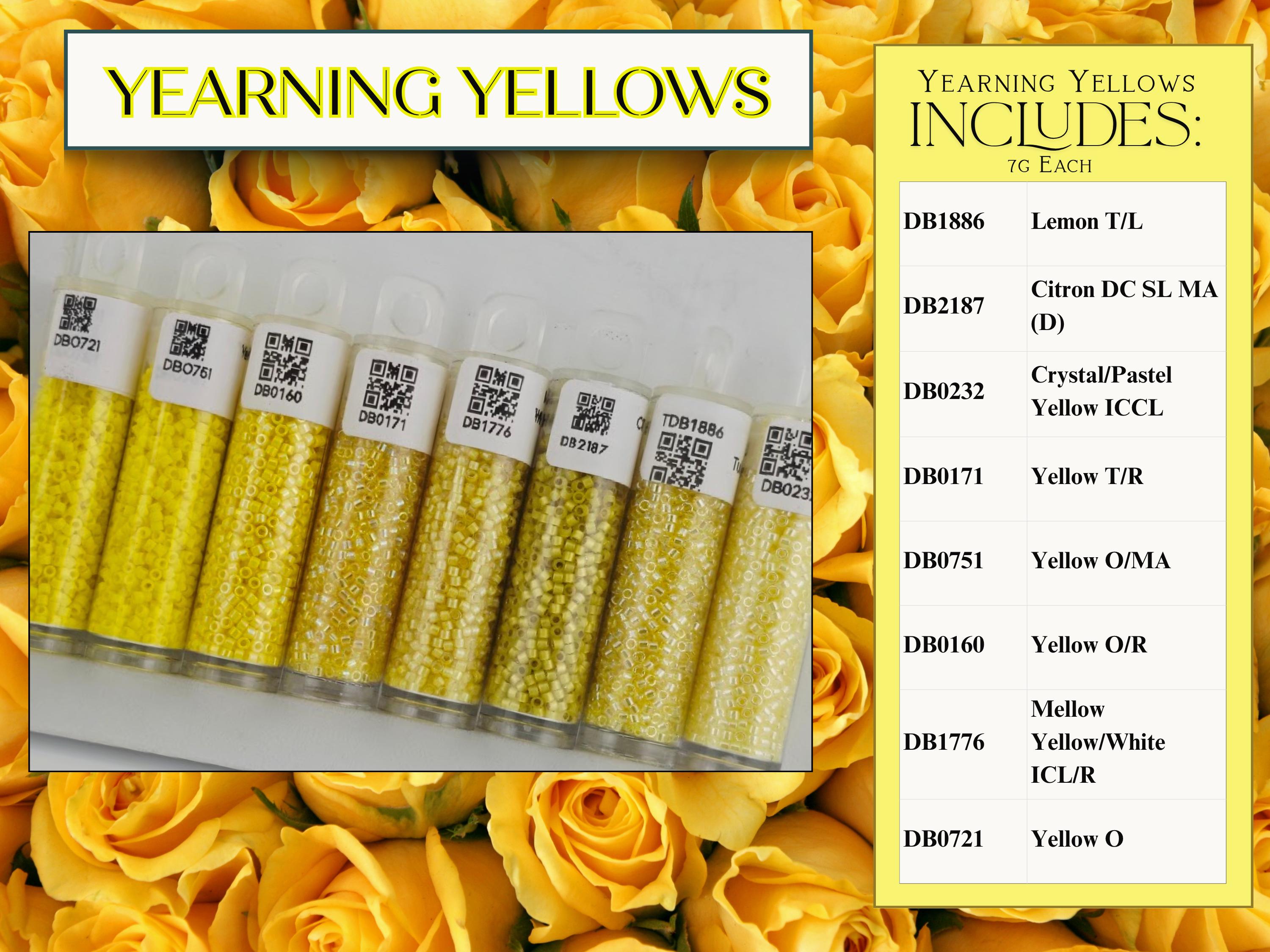 The image is a collage of various yellow rose petals, with a focus on the yellow color and the roses. The text in the image includes the words "Yearing Yellow" and "Includes 7 colors" along with the names of the colors: Lemon TIL, Citron DC SL MA, Crystal/Paste, Yellow ICL, Yellow 1/R, Yellow O/MA, and Yellow O/R.