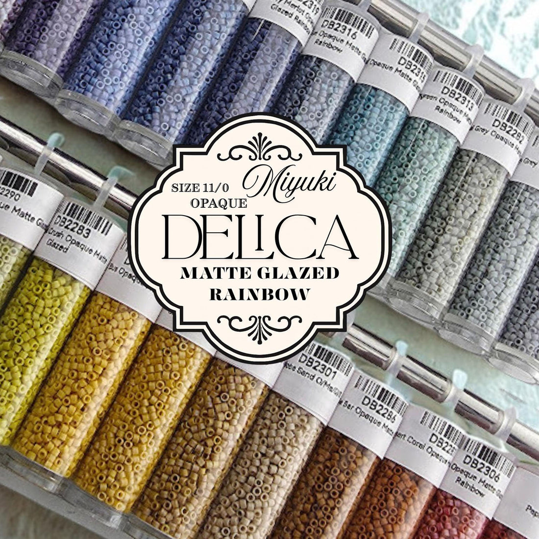 a collection of colorful beads in various sizes and colors, arranged in rows and columns. The beads are labeled with text indicating their sizes and colors, such as "Size 11/0", "OPAQUE", "DELLCA", "MATTE GLAZED", and "RAINBOW".