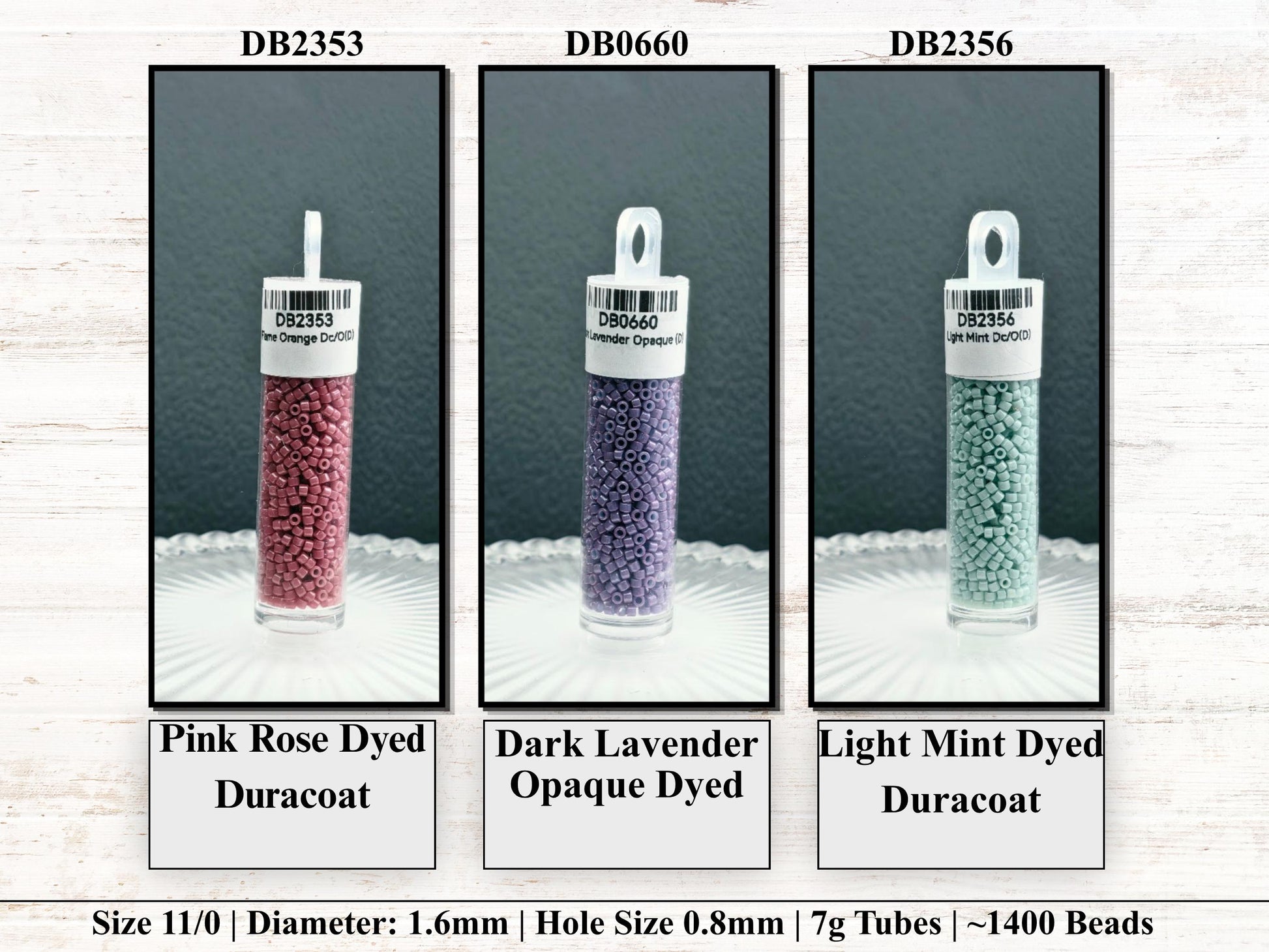 three different types of beads in glass containers, each with a different color and size.