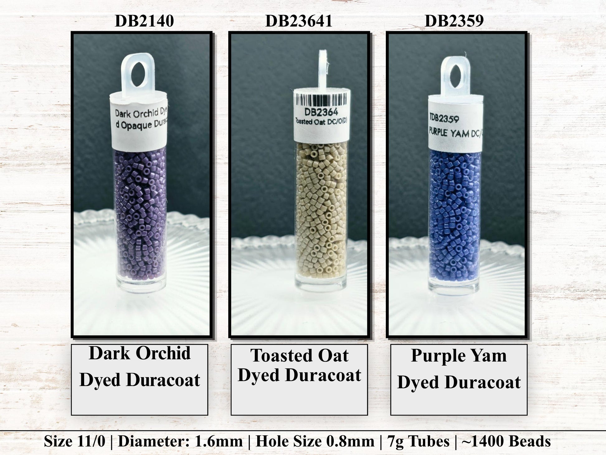 three different types of beads: Dark Orchid Dye Duracoat, Toasted Oat Dye Duracoat, and Purple Yam Dye Duracoat. Each type of bead has a specific hole size and tube size, as well as a different hole size. The image also includes text providing information about the beads, such as their size, hole size, tube size, and the number of beads in each tube.