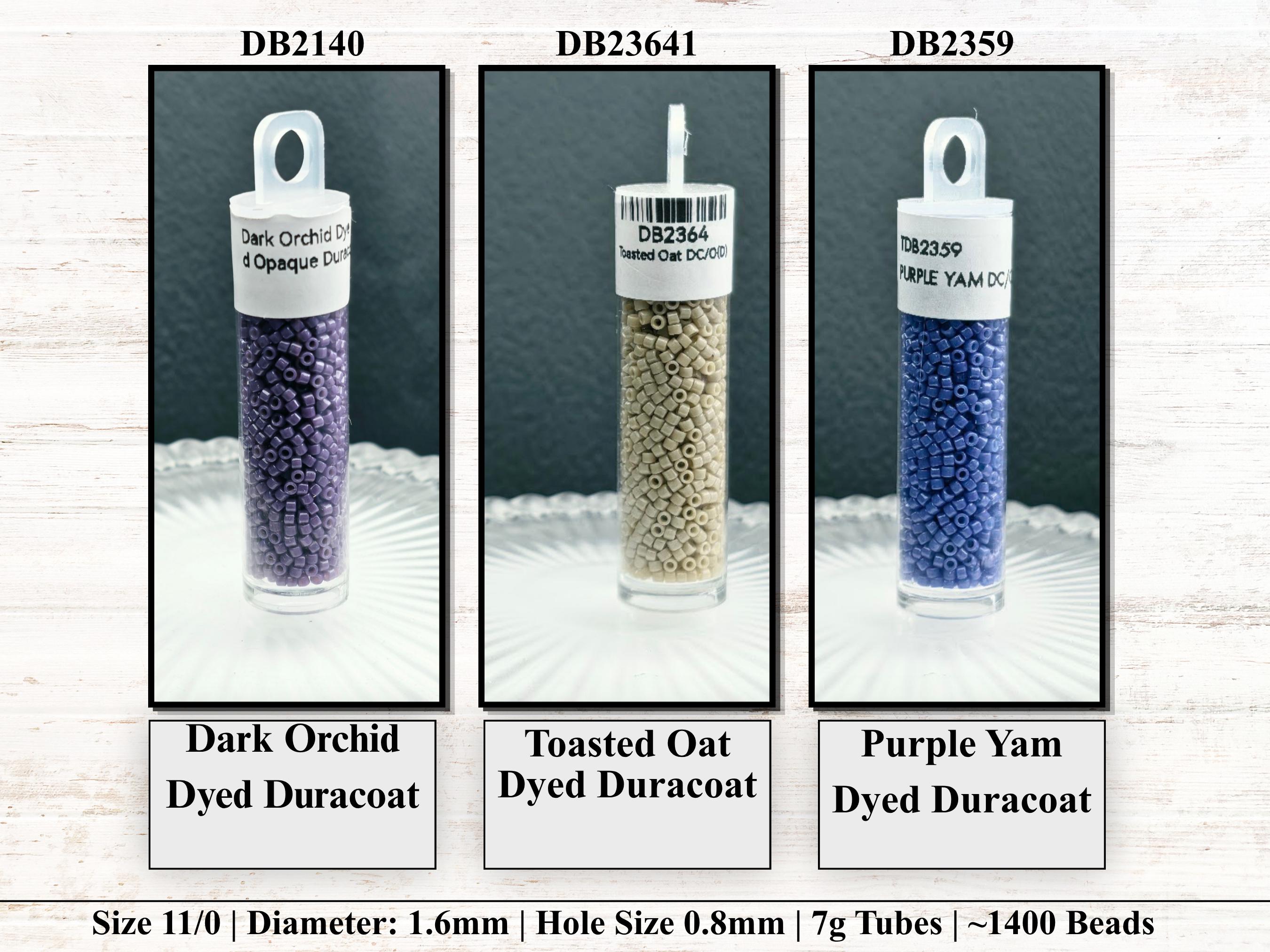 three different types of beads: Dark Orchid Dye Duracoat, Toasted Oat Dye Duracoat, and Purple Yam Dye Duracoat. Each type of bead has a specific hole size and tube size, as well as a different hole size. The image also includes text providing information about the beads, such as their size, hole size, tube size, and the number of beads in each tube.