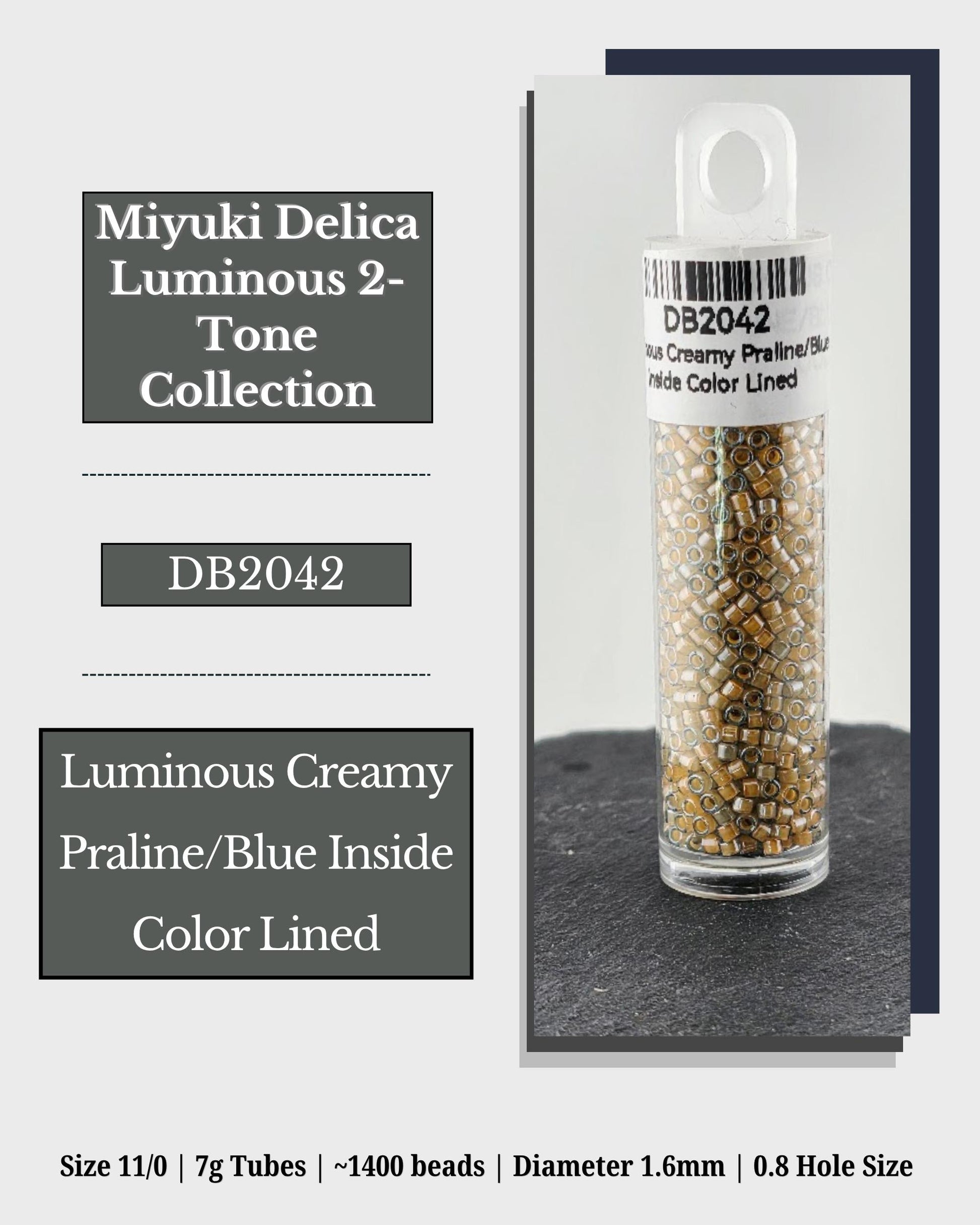 The image is a product advertisement for Miyuki Delica Luminous 2-tone collection. It features a clear glass tube filled with gold-colored beads, labeled as luminous creamy praline/blue inside color lined. The advertisement provides details about the product, including its size, weight, and dimensions, as well as the color lined inside.