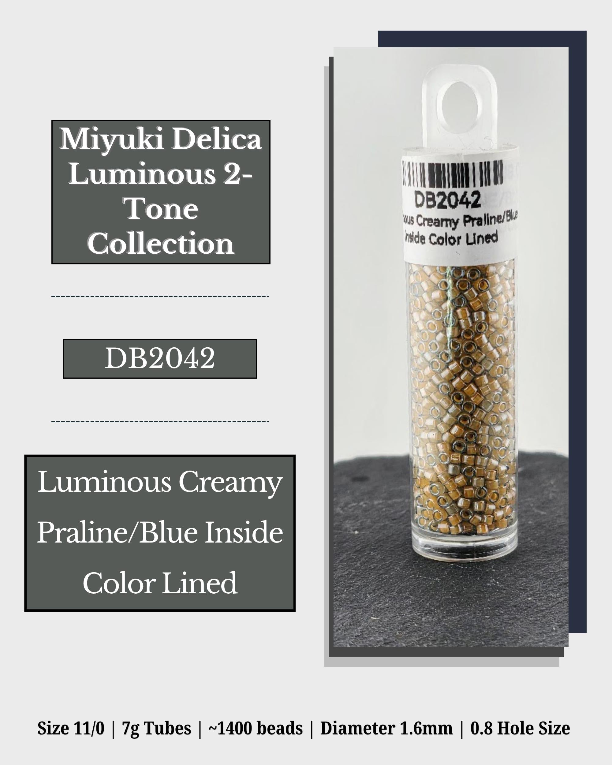 The image is a product advertisement for Miyuki Delica Luminous 2-tone collection. It features a clear glass tube filled with gold-colored beads, labeled as luminous creamy praline/blue inside color lined. The advertisement provides details about the product, including its size, weight, and dimensions, as well as the color lined inside.