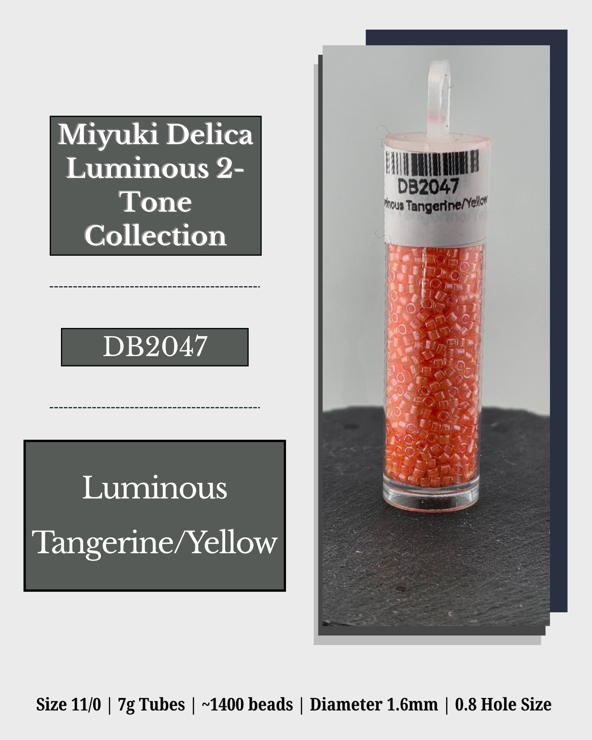 The image is a product advertisement for a collection of beads, specifically the luminous tangerine/yellow beads from the Miyuki Delica brand. The advertisement provides details about the product, including its size, weight, and dimensions.