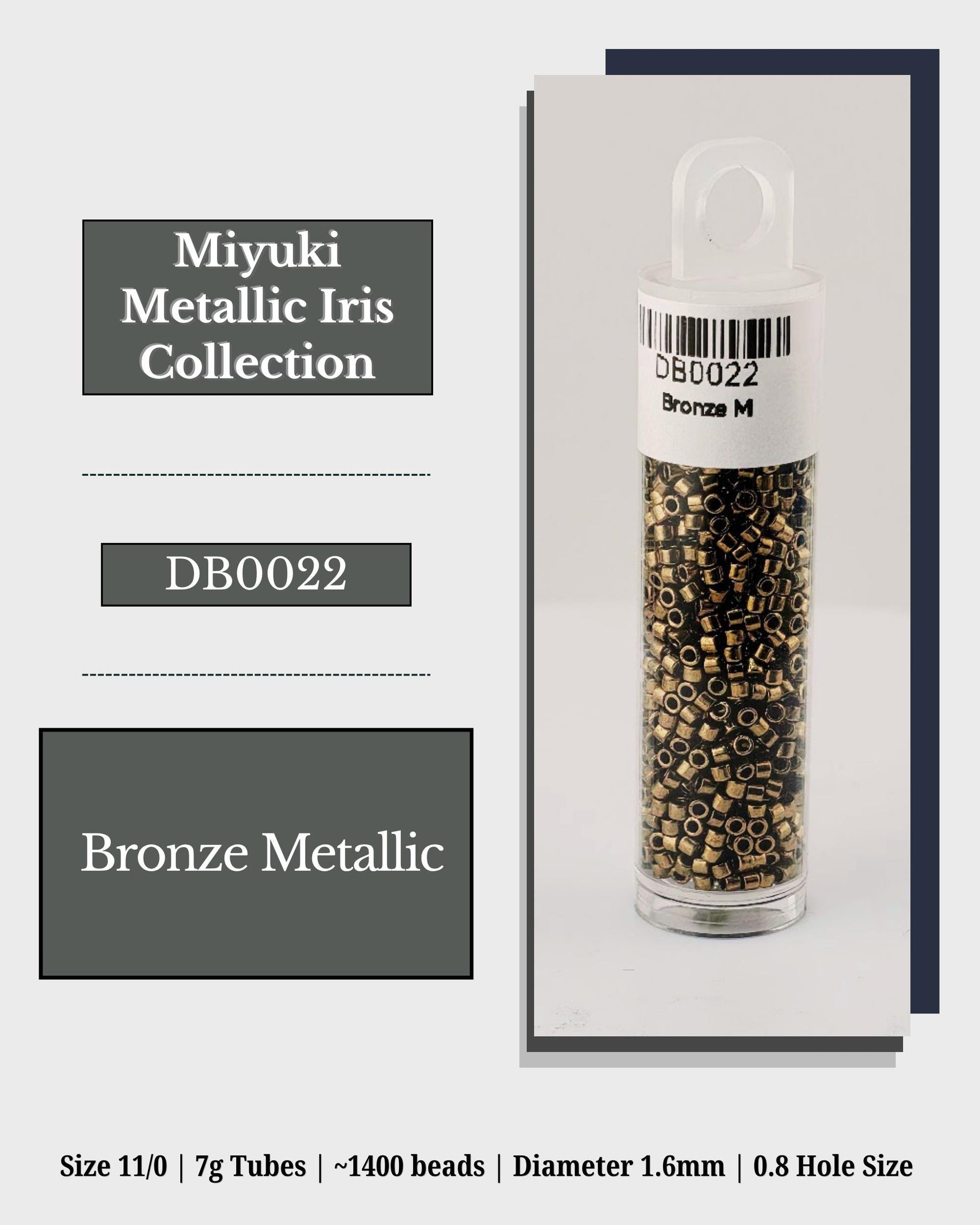 The image is a product advertisement for a jewelry-making material called "Miyuki Metallic Iris Collection". It features a clear container filled with gold-colored metal beads, labeled as "Bronze Metallic". The advertisement provides details about the product, including its size, weight, and dimensions, as well as the hole size.
