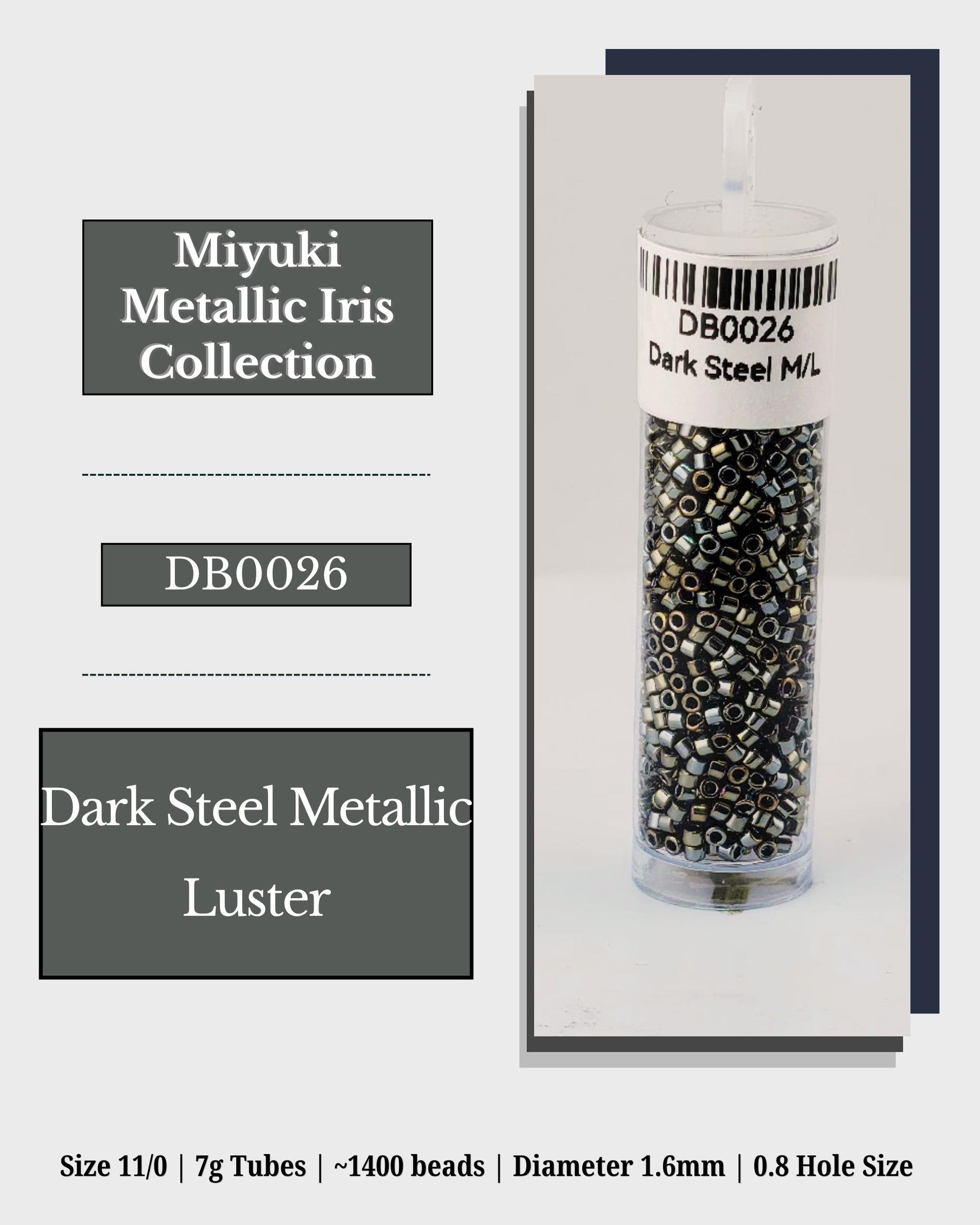 The image is a product advertisement for a dark steel metallic luster collection. It features a clear glass tube filled with black and silver metallic beads, labeled as "Dark Steel Metallic Luster" and "Dark Steel Metallic Luster". The advertisement provides details about the product, including its size, weight, and dimensions, as well as the hole size.