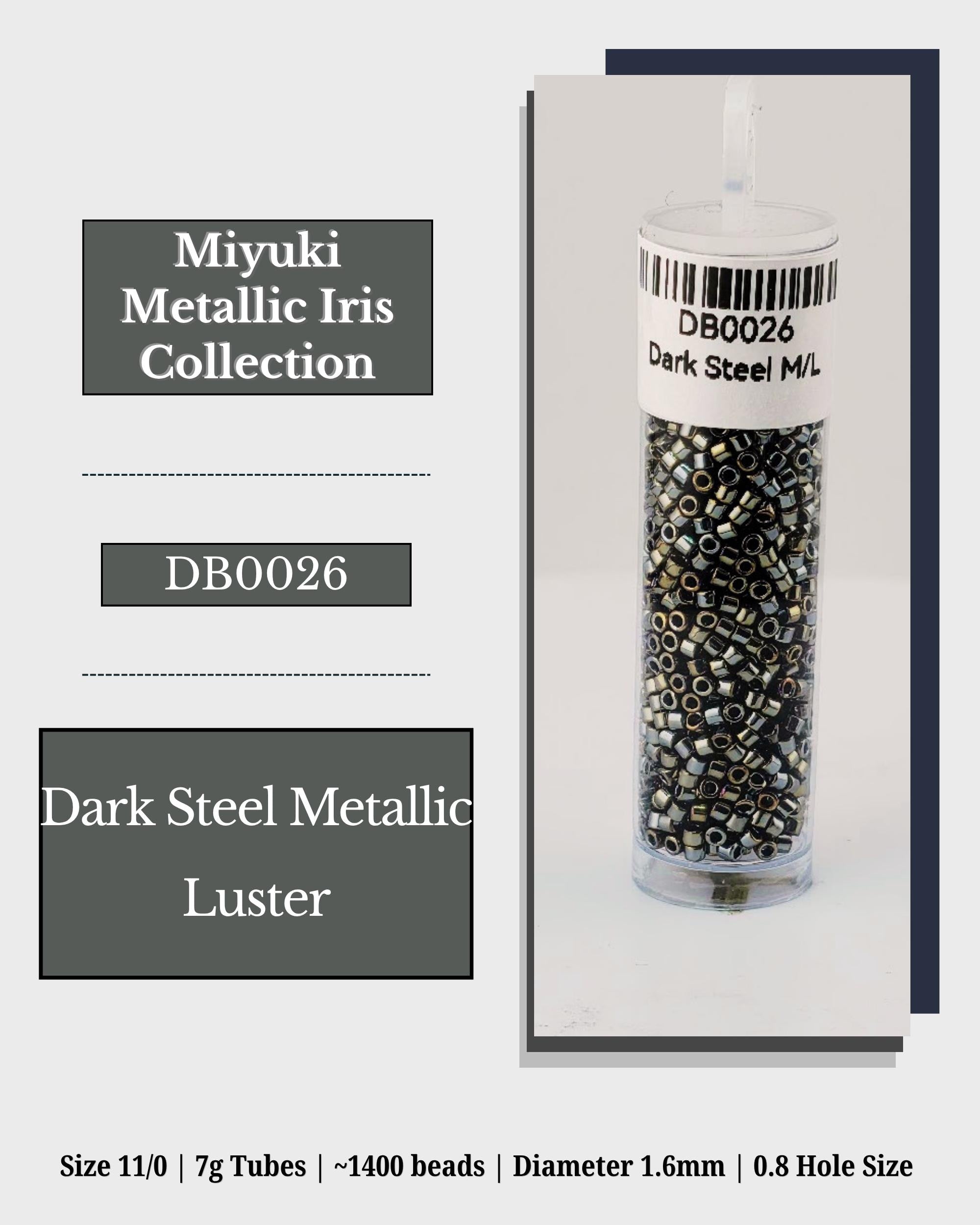 The image is a product advertisement for a dark steel metallic luster collection. It features a clear glass tube filled with black and silver metallic beads, labeled as "Dark Steel Metallic Luster" and "Dark Steel Metallic Luster". The advertisement provides details about the product, including its size, weight, and dimensions, as well as the hole size.