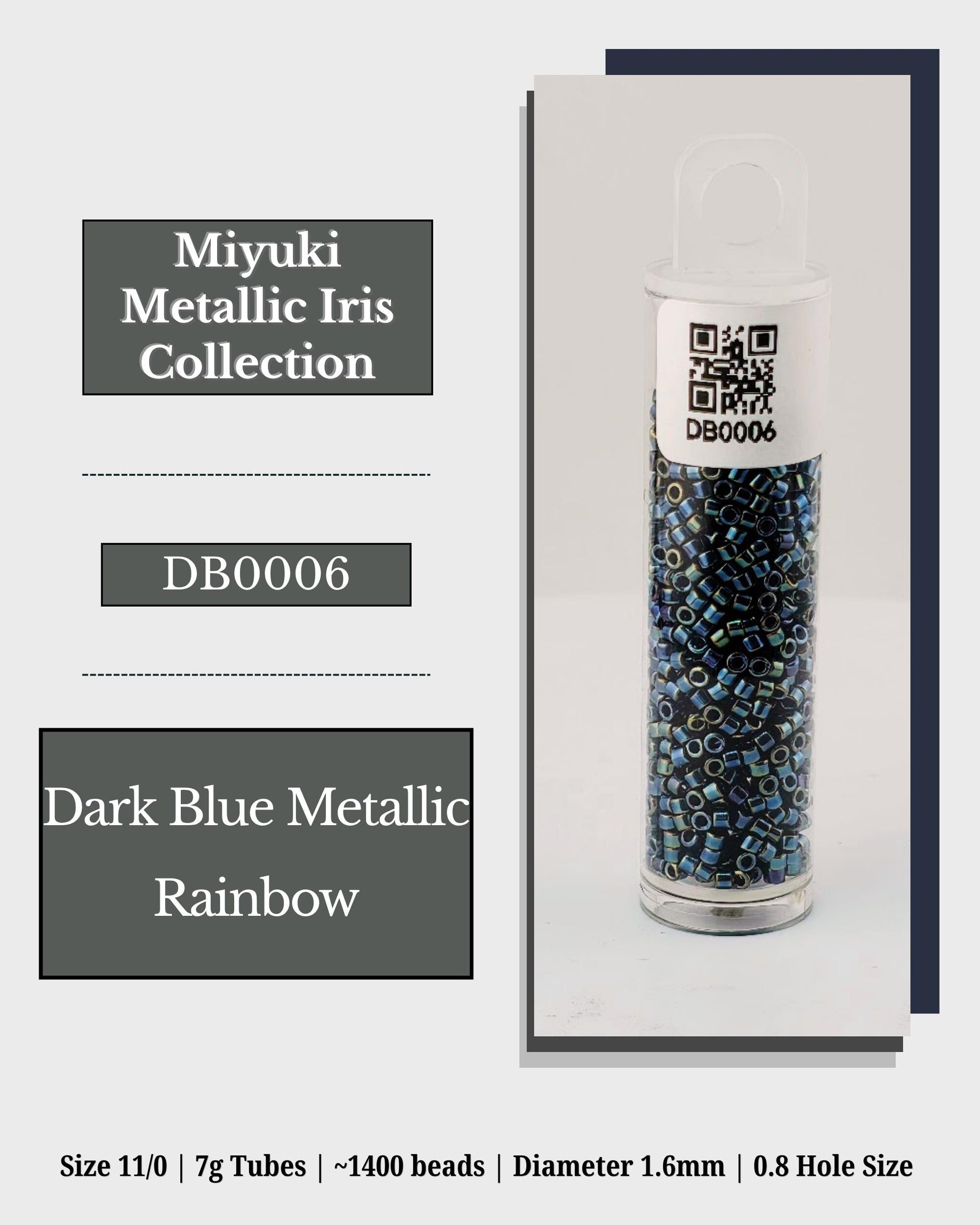 The image is a product advertisement for a collection of dark blue metallic rainbow beads. The product is described as a size 11/0 7g tubes containing 1400 beads, with a diameter of 1.6mm and a 0.8 hole size.