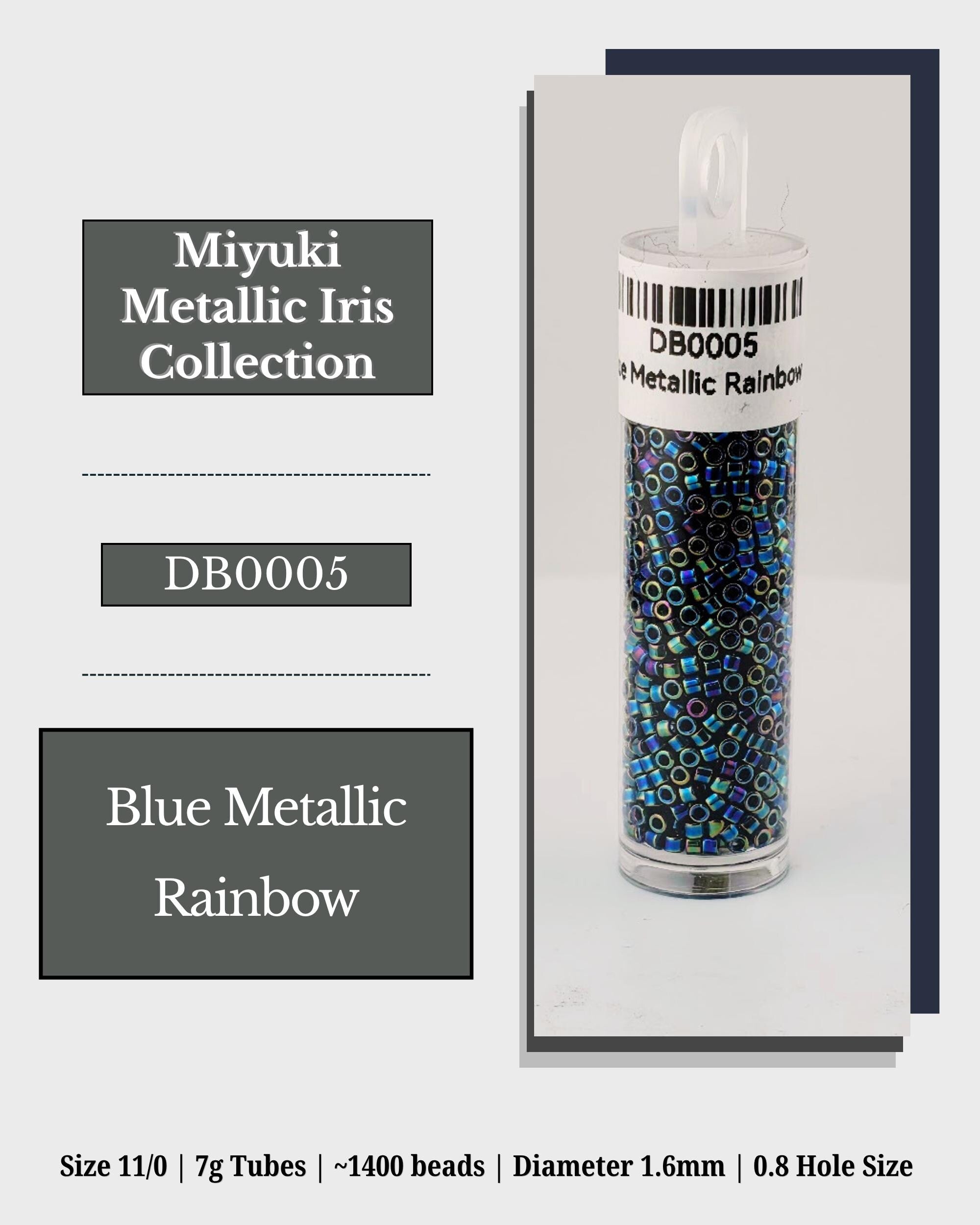 The image is a product advertisement for the Miyuki Metallic Iris Collection. It features a cylindrical container filled with blue metallic beads, labeled as a "Blue Metallic Rainbow" size. The container is described as having a diameter of 1.6mm and a hole size of 0.8mm. The image also includes a barcode and a label with the text "DB0005".