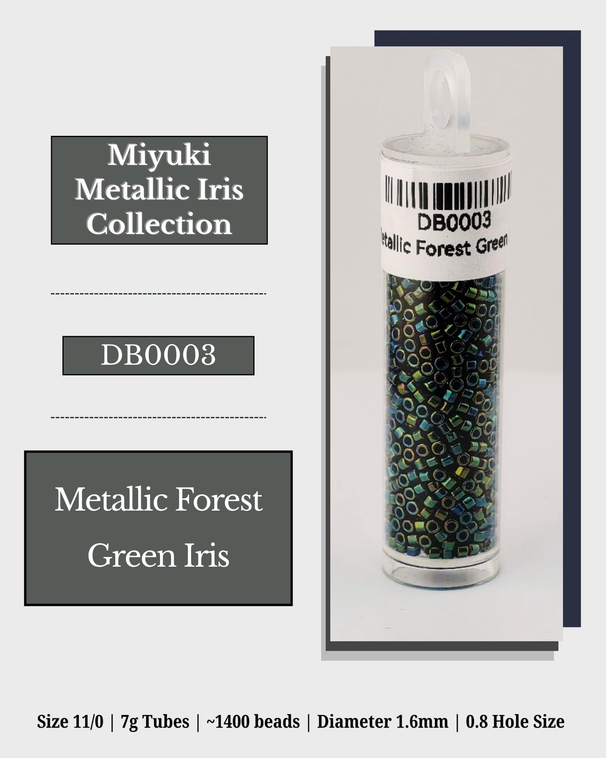 The image is a product advertisement for the Miyuki Metallic Iris Collection. It features a cylindrical container filled with green iris beads, labeled as "Metallic Forest Green" and "Green Iris". The product is described as a size 11/0 7g tubes, containing 1400 beads, with a diameter of 1.6mm and a hole size of 0.8mm.