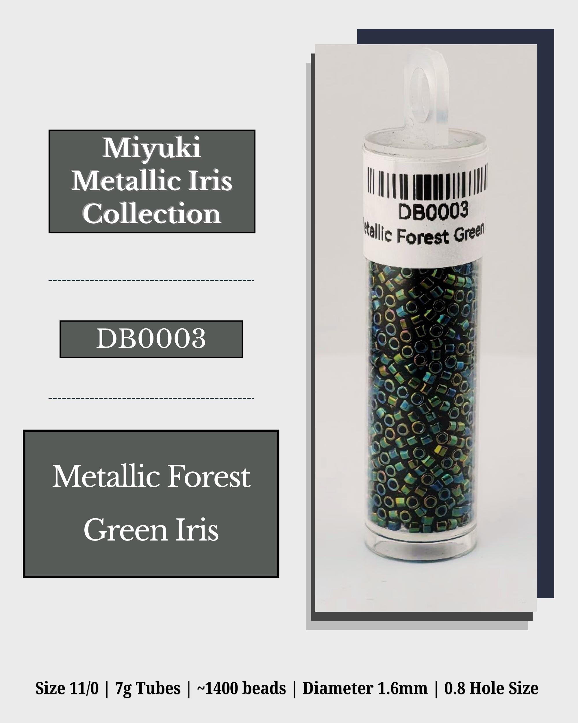 The image is a product advertisement for the Miyuki Metallic Iris Collection. It features a cylindrical container filled with green iris beads, labeled as "Metallic Forest Green" and "Green Iris". The product is described as a size 11/0 7g tubes, containing 1400 beads, with a diameter of 1.6mm and a hole size of 0.8mm.