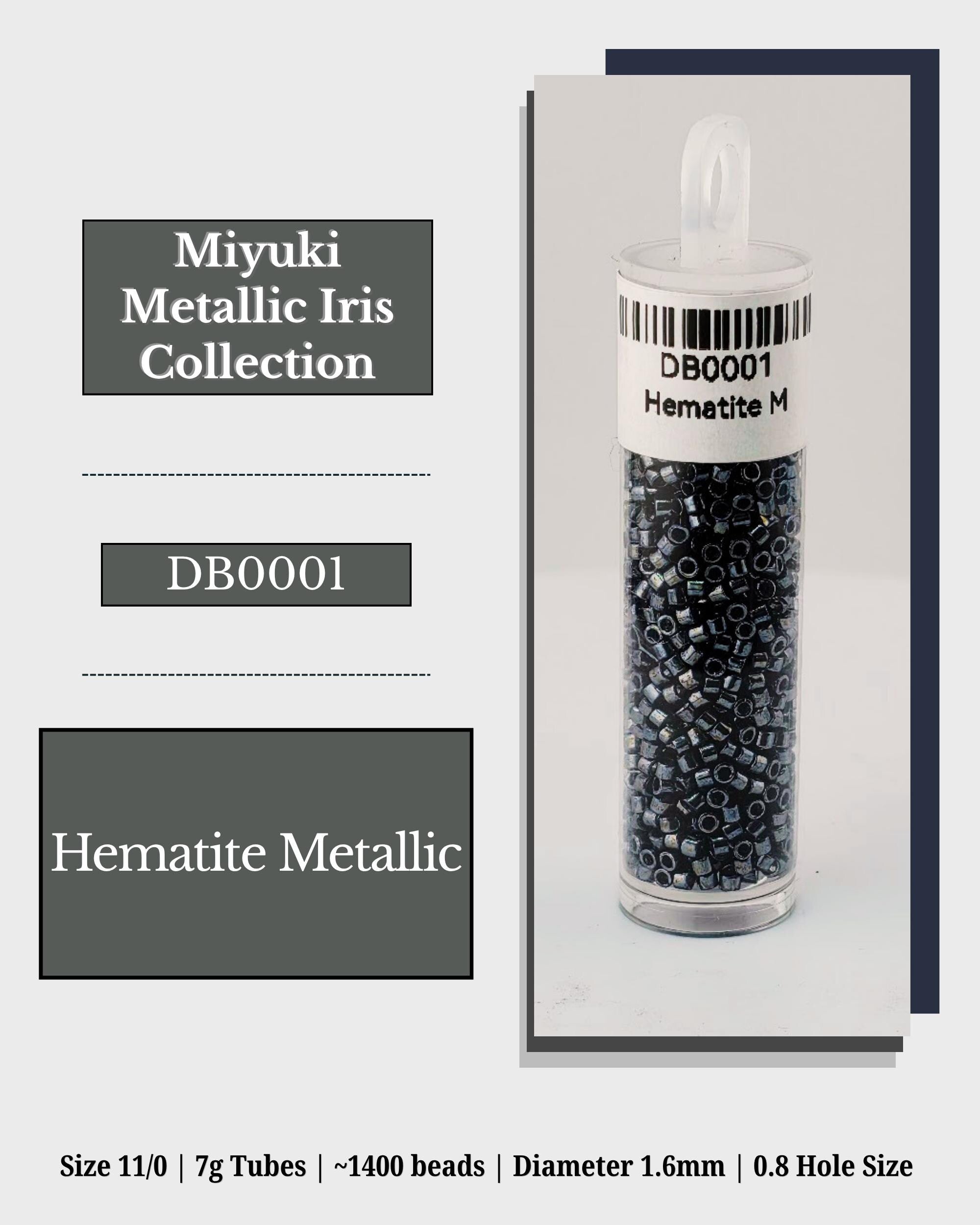 The image is a product advertisement for a collection of beads, specifically the Miyuki Metallic Iris Collection. The product is a 7g tube containing 1400 beads, with a diameter of 1.6mm and a 0.8 hole size.