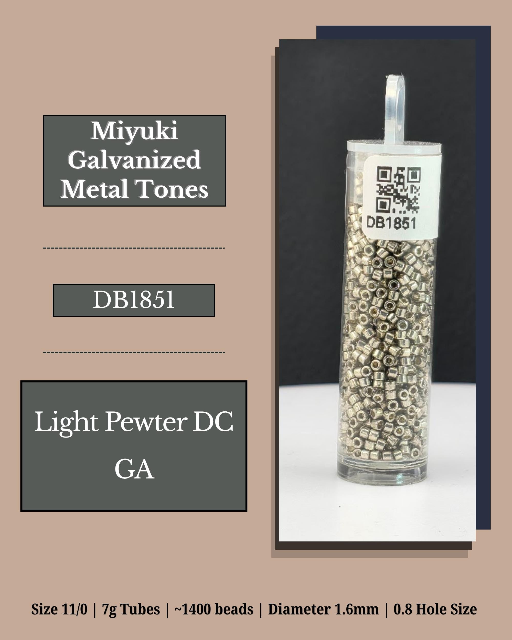 a clear glass tube filled with small metal beads, labeled as "Light Pewter DC GA" and "Miyuki Galvanized Metal Tones". The tube is labeled with the size "11/0 | 7g Tubes" and the number "1400 beads". The image also includes a barcode and a label with a QR code.