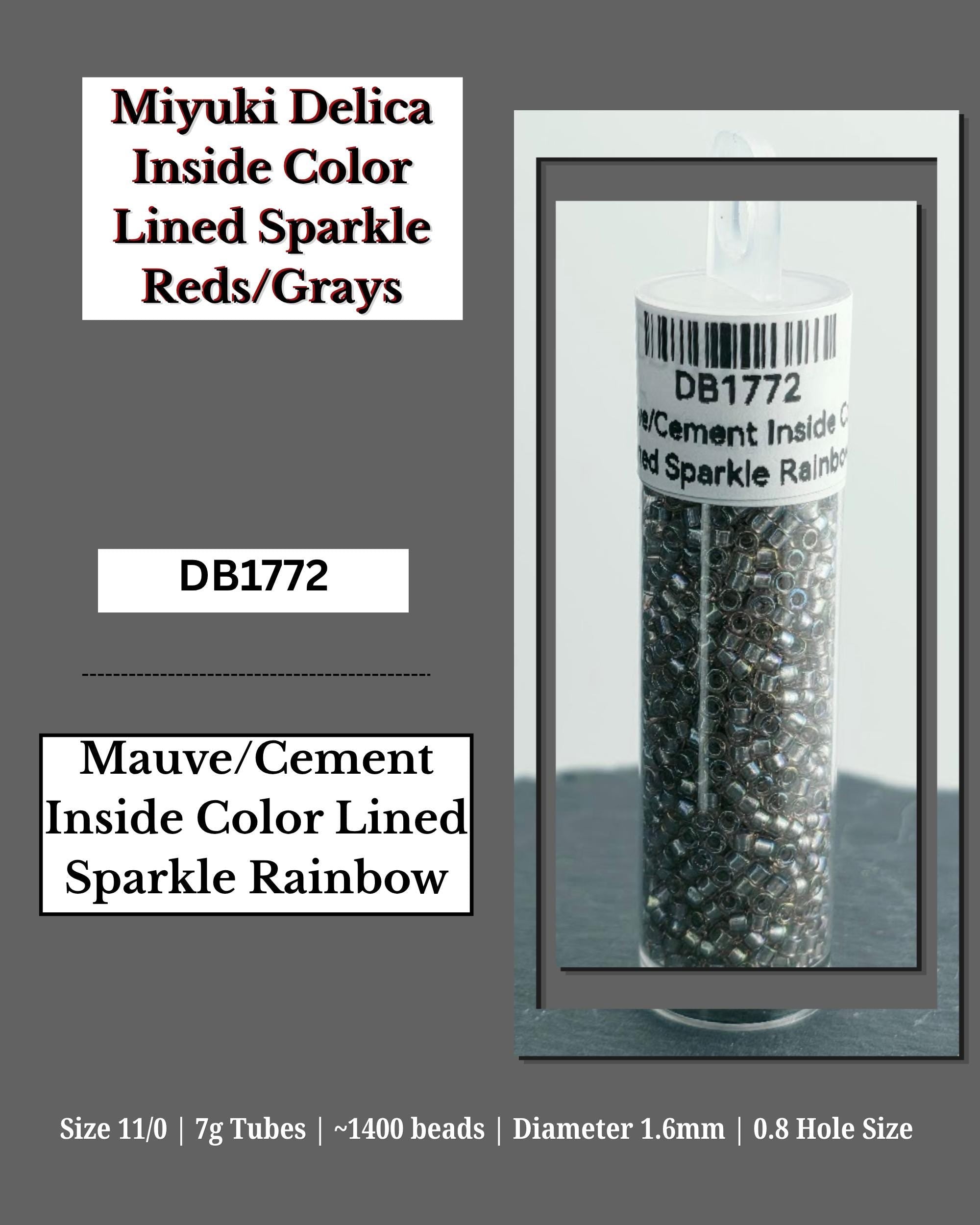The image is a product advertisement for Miyuki Delica Inside Color Lined Sparkle Rainbow beads. The product is a 7-gram tube containing 1400 beads, with a diameter of 1.6mm and a 0.8hole size. The product is labeled as a Mauve/Cement Inside Color Lined Sparkle Rainbow.