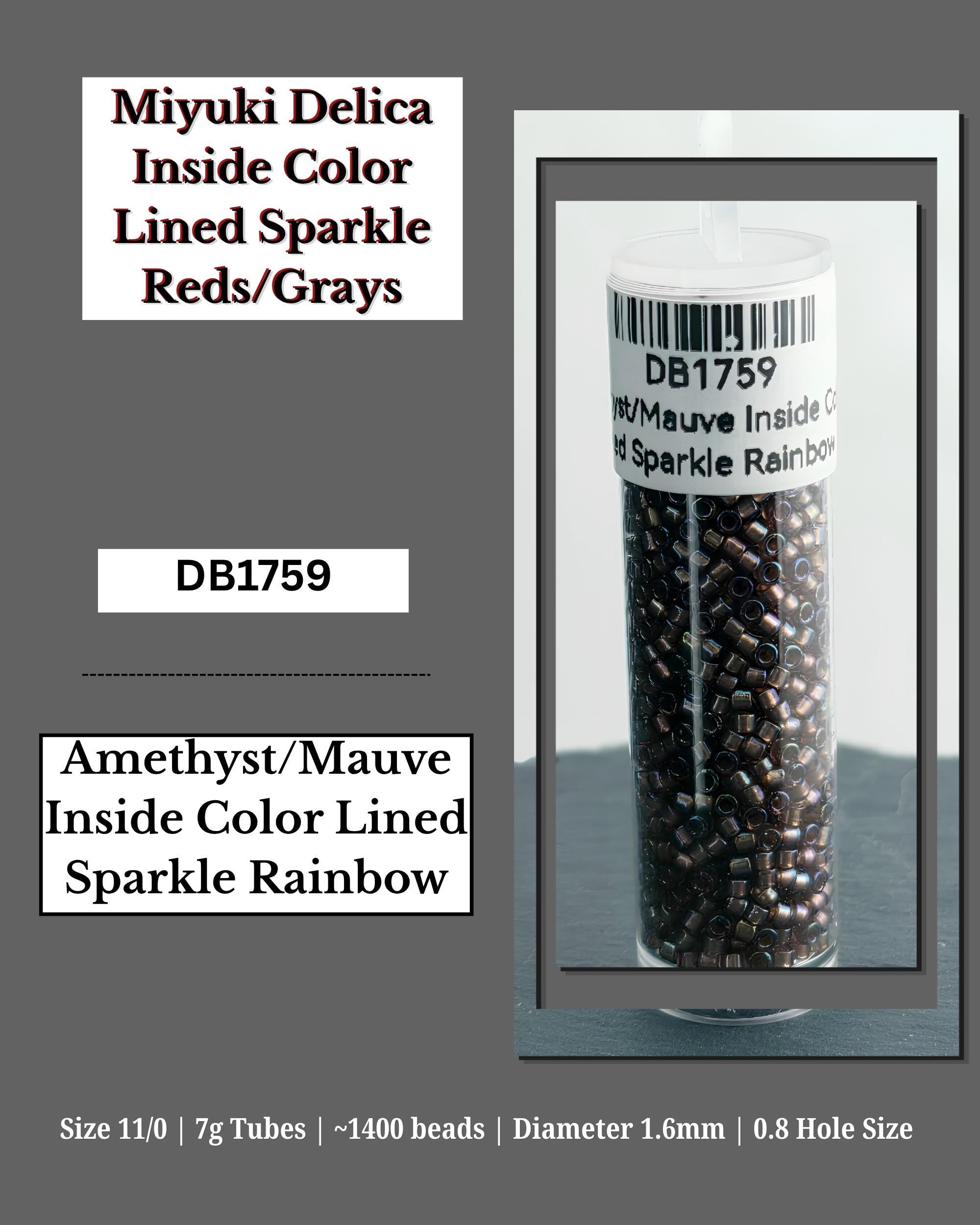 a clear container filled with black beads, labeled as "Miyuki Delica Inside Color Lined Sparkle Reds/Grays" and "Amethyst/Mauve Inside Color Lined Sparkle Rainbow". The container is described as "DB1759" and "7g Tubes - 1400 beads - 1.6mm - 0.8 hole size".