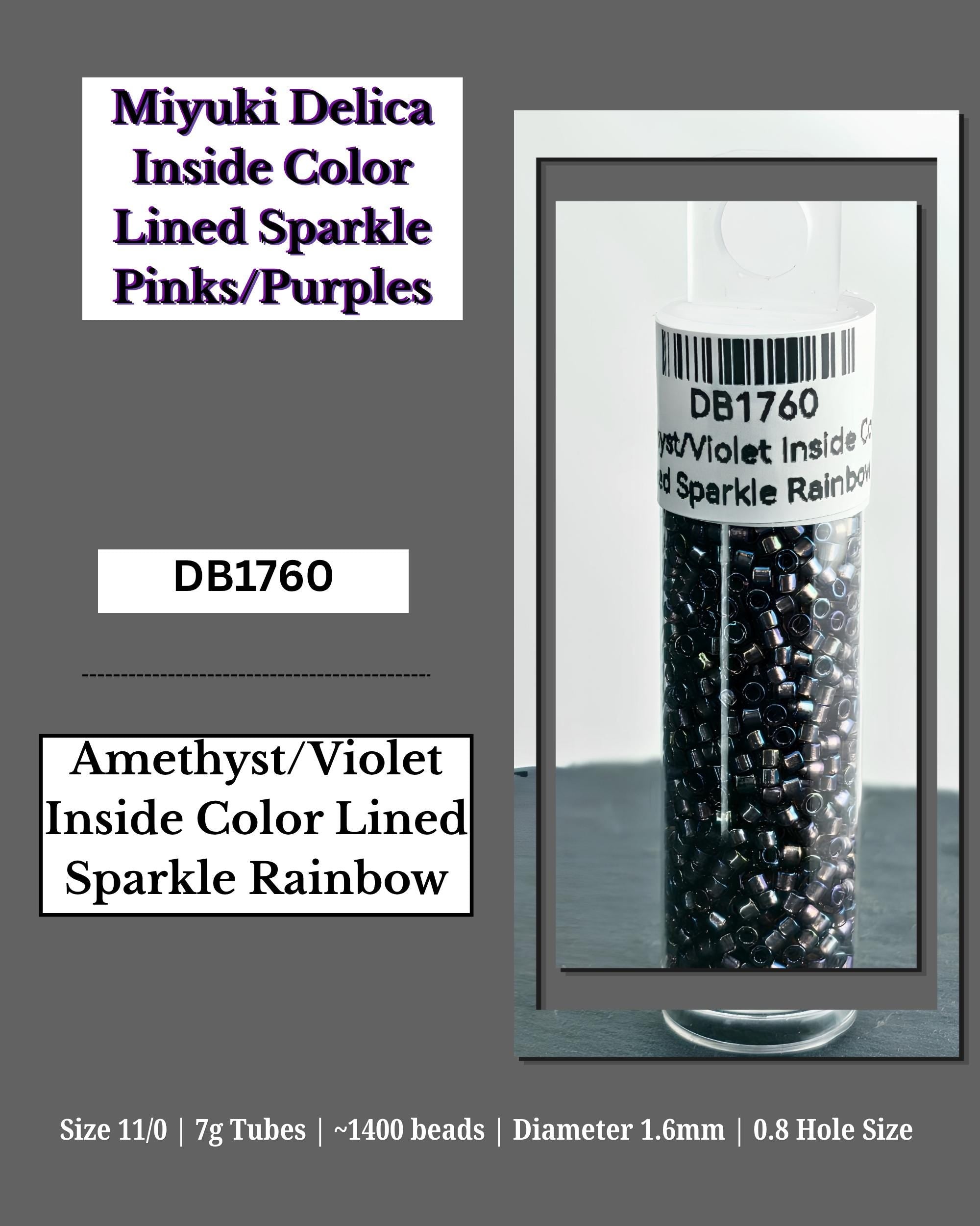 The image is a product advertisement for Miyuki Delica Inside Color Lined Sparkle Pinks/Purples. It features a clear container filled with black beads, labeled as D17160, and a barcode. The advertisement provides details about the product, including its size, dimensions, and hole size.