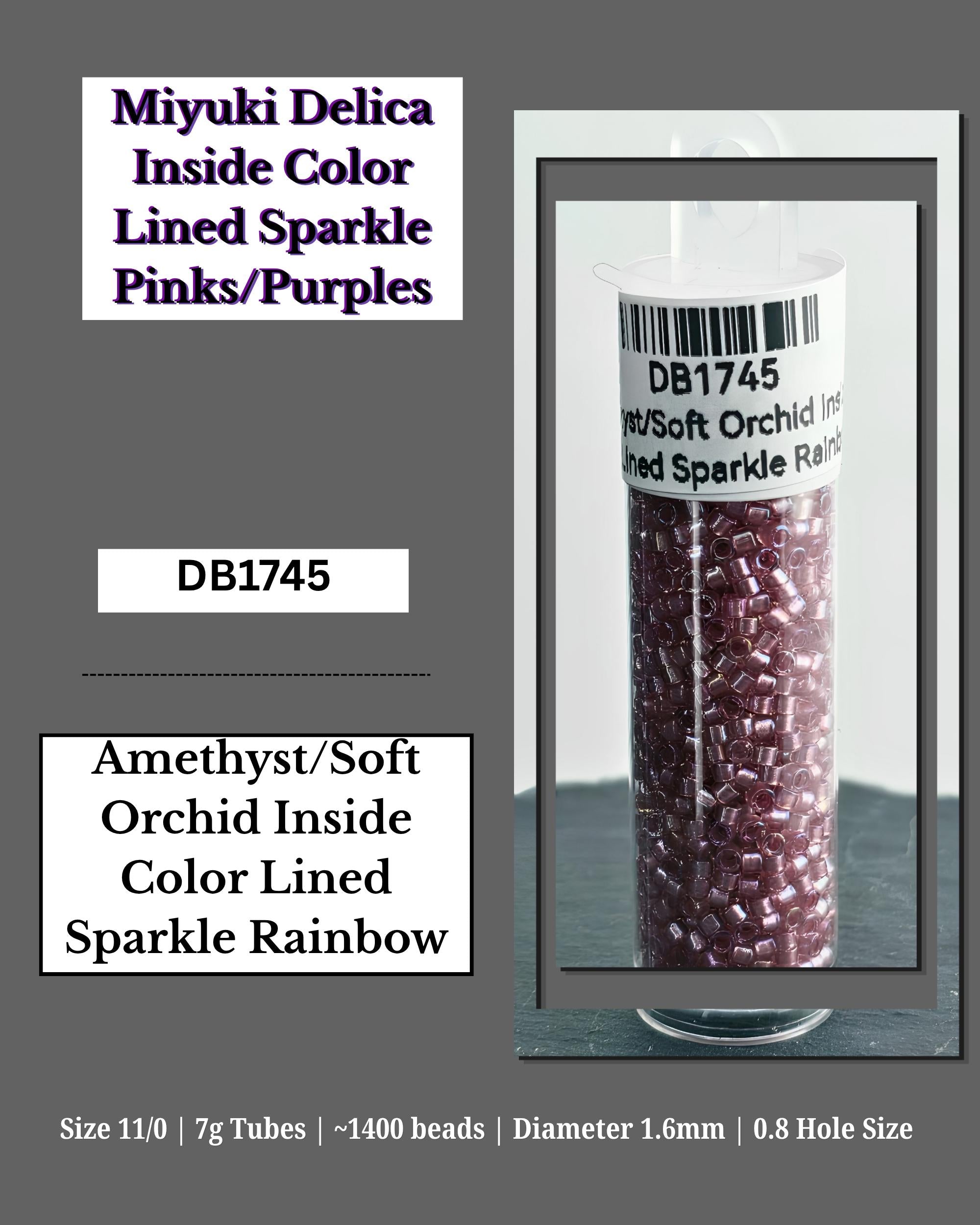 a clear container filled with small, round beads, labeled as "Miyuki Delica Inside Color Lined Sparkle Pinks/Purples". The container is described as having "Amethyst/Soft Orchid Inside Color Lined Sparkle Rainbow" and is labeled with dimensions, including "Size 11/0 | 7g Tubes | -1400 beads | Diameter 1.6mm | 0.8 Hole Size".