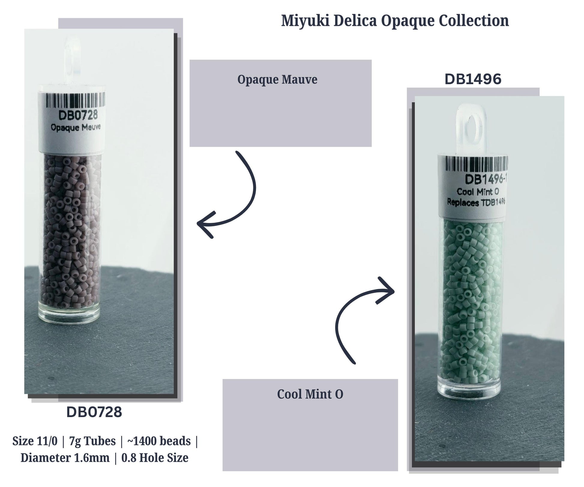 The image is a collage of two images, each showing a different type of Opaque Maude bead in a tube. The first image shows a tube of Opaque Maude beads, and the second image shows a tube of Cool Mint O beads. The text in the image provides information about the size, number of beads, and hole size of the beads.