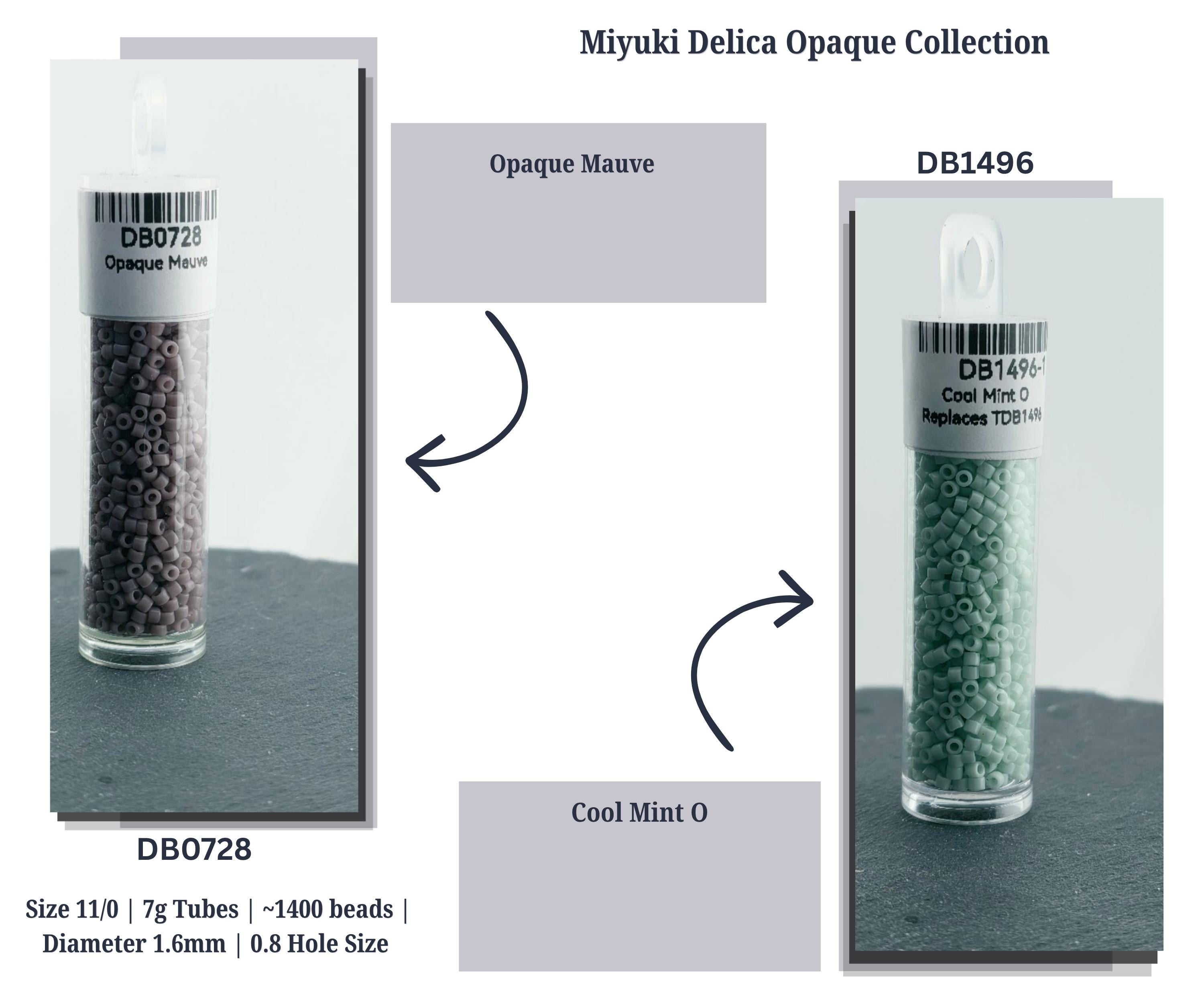 The image is a collage of two images, each showing a different type of Opaque Maude bead in a tube. The first image shows a tube of Opaque Maude beads, and the second image shows a tube of Cool Mint O beads. The text in the image provides information about the size, number of beads, and hole size of the beads.