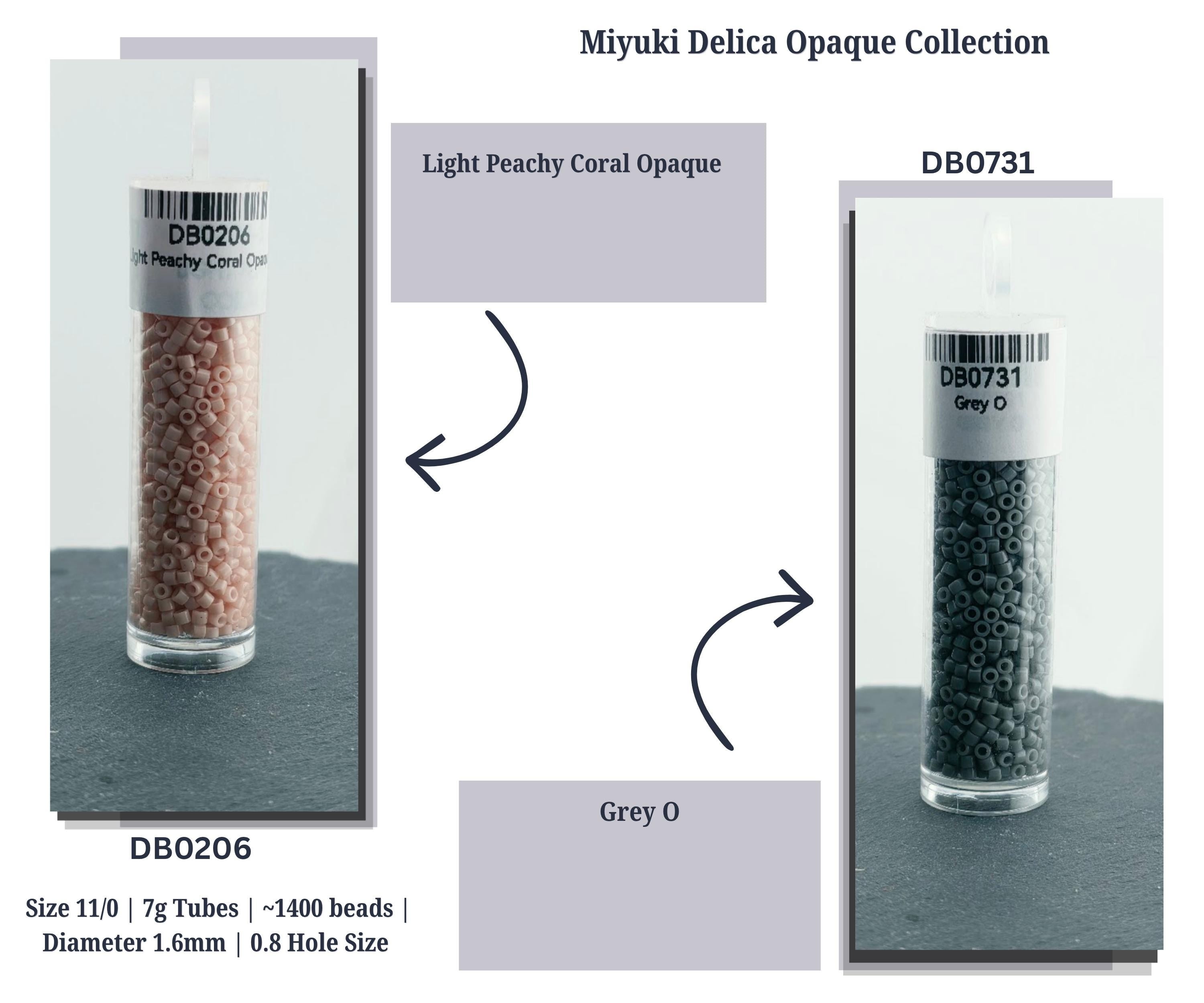 The image is a collage of two images, each showing a different color of beads, specifically light peach and grey o, with arrows pointing between them.
