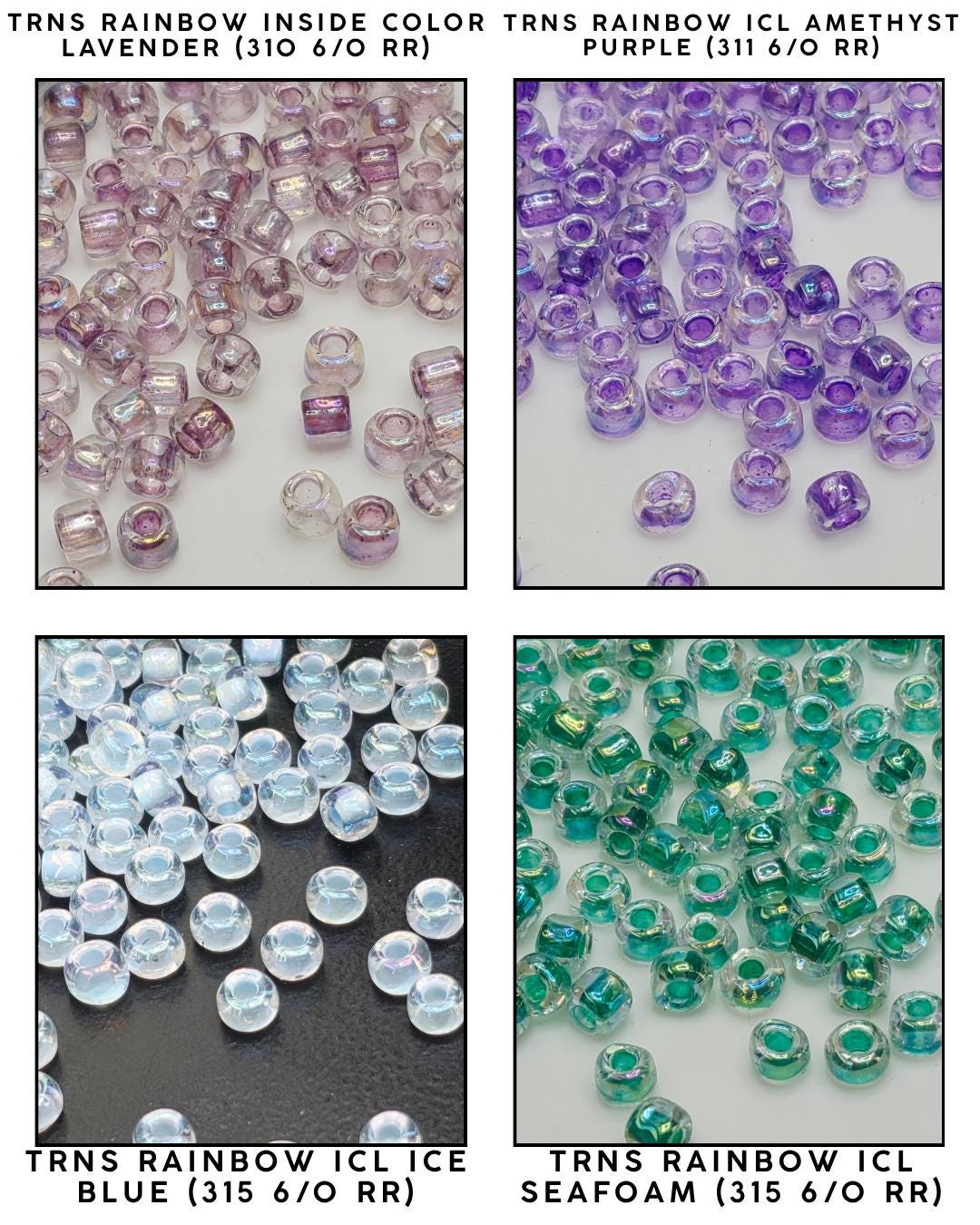 The image is a collage of four images showing different colored beads, including lavender, purple, blue, and sea foam beads.