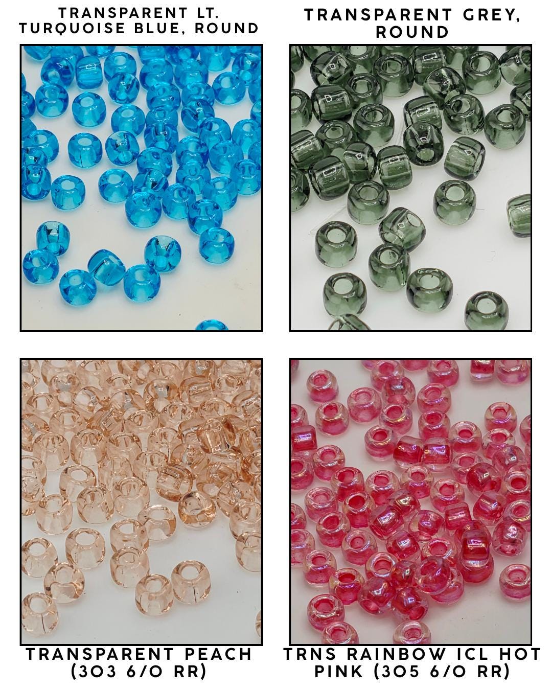 four different types of beads, each with a distinct color and shape. The first bead is transparent and turquoise blue, the second is transparent grey, the third is transparent peach, and the fourth is transparent pink.