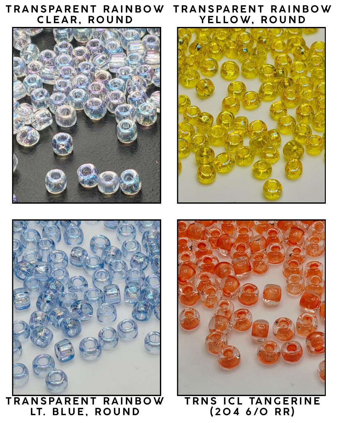 four different images of transparent rainbow beads, each with a distinct color: clear, yellow, blue, and orange.