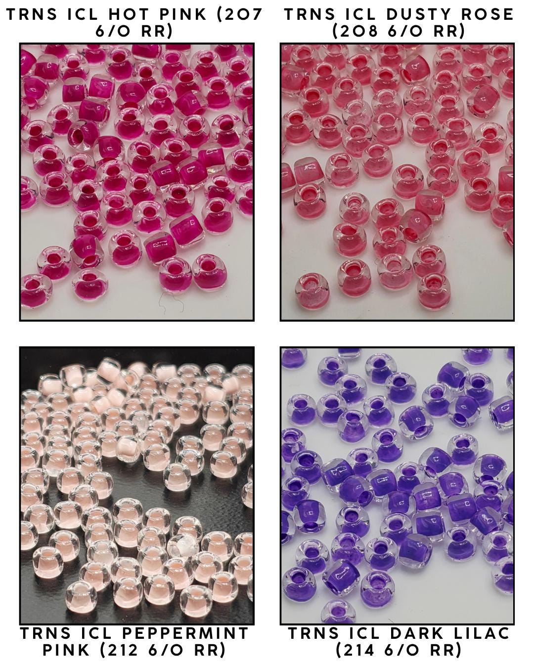 four different images of clear beads in various colors, including pink, purple, and dark lilac.