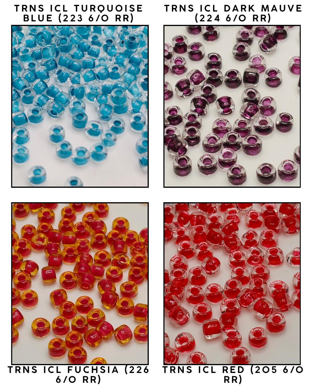 four separate images, each displaying a different color of turquoise beads. The first image shows turquoise beads in a blue color, the second image shows turquoise beads in a darker shade of blue, the third image shows turquoise beads in a purple color, and the fourth image shows turquoise beads in a red color.