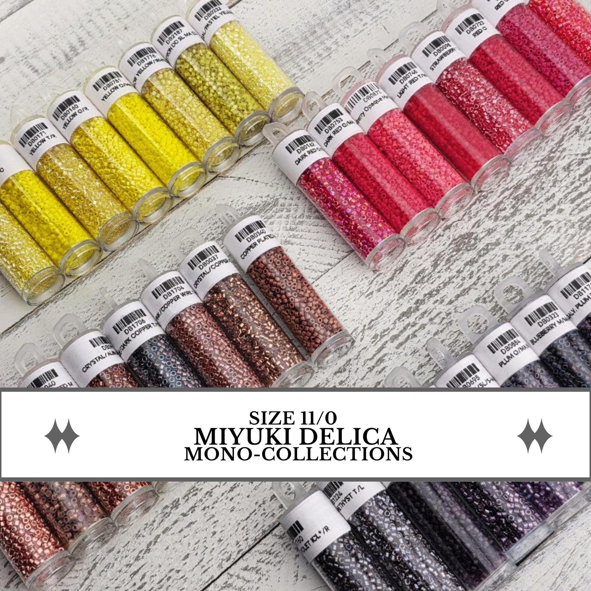a collection of colorful beads in various sizes, arranged in rows on a wooden surface.
