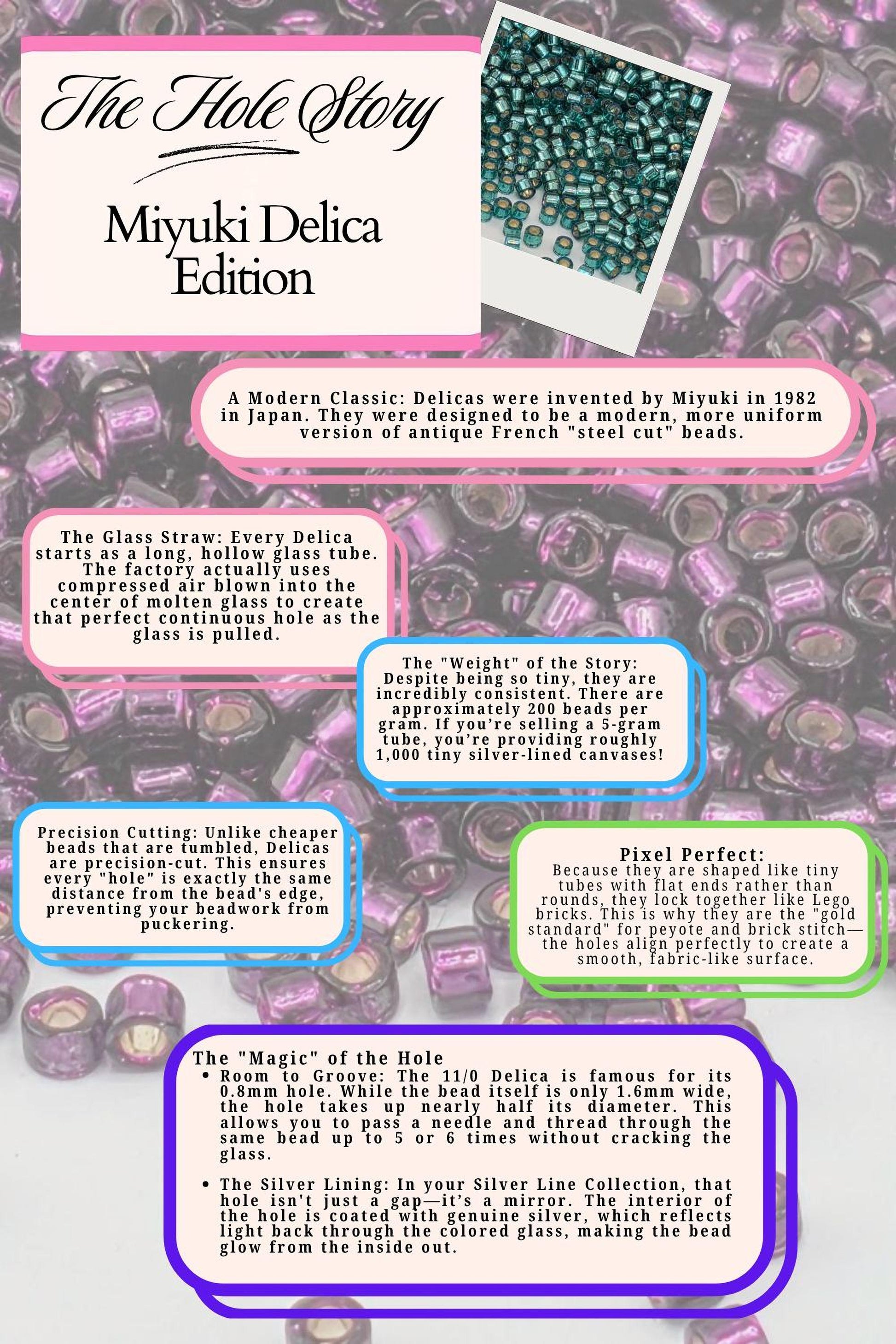 The image is a collage of various images related to the Miyuki Delica Edition, including images of the glass straw, the glass straws, and the beads. The collage also includes text descriptions of the product features, such as the glass straw, precision cutting, and the silver lining.