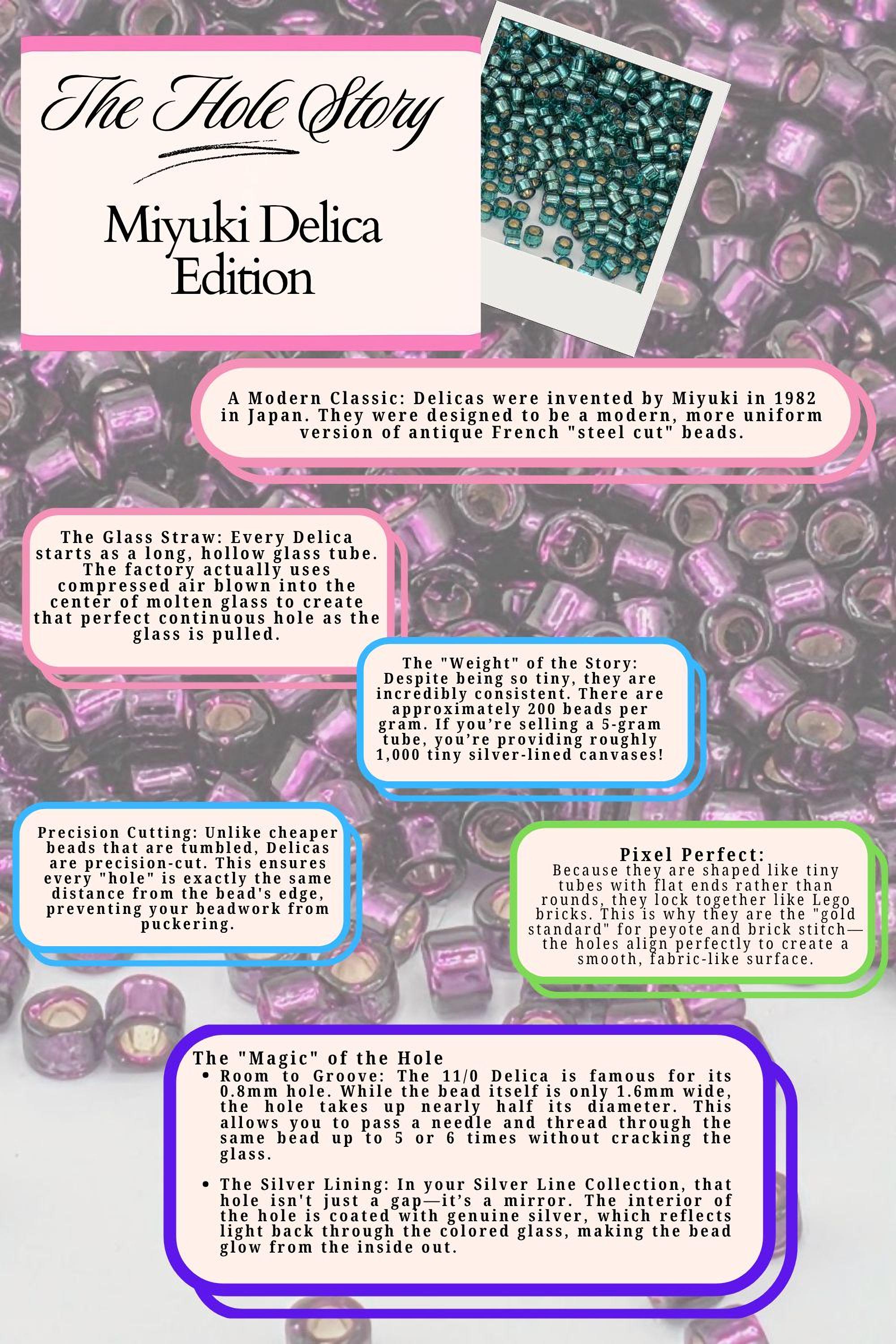 The image is a collage of various images related to the Miyuki Delica Edition, including images of the glass straw, the glass straws, and the beads. The collage also includes text descriptions of the product features, such as the glass straw, precision cutting, and the silver lining.
