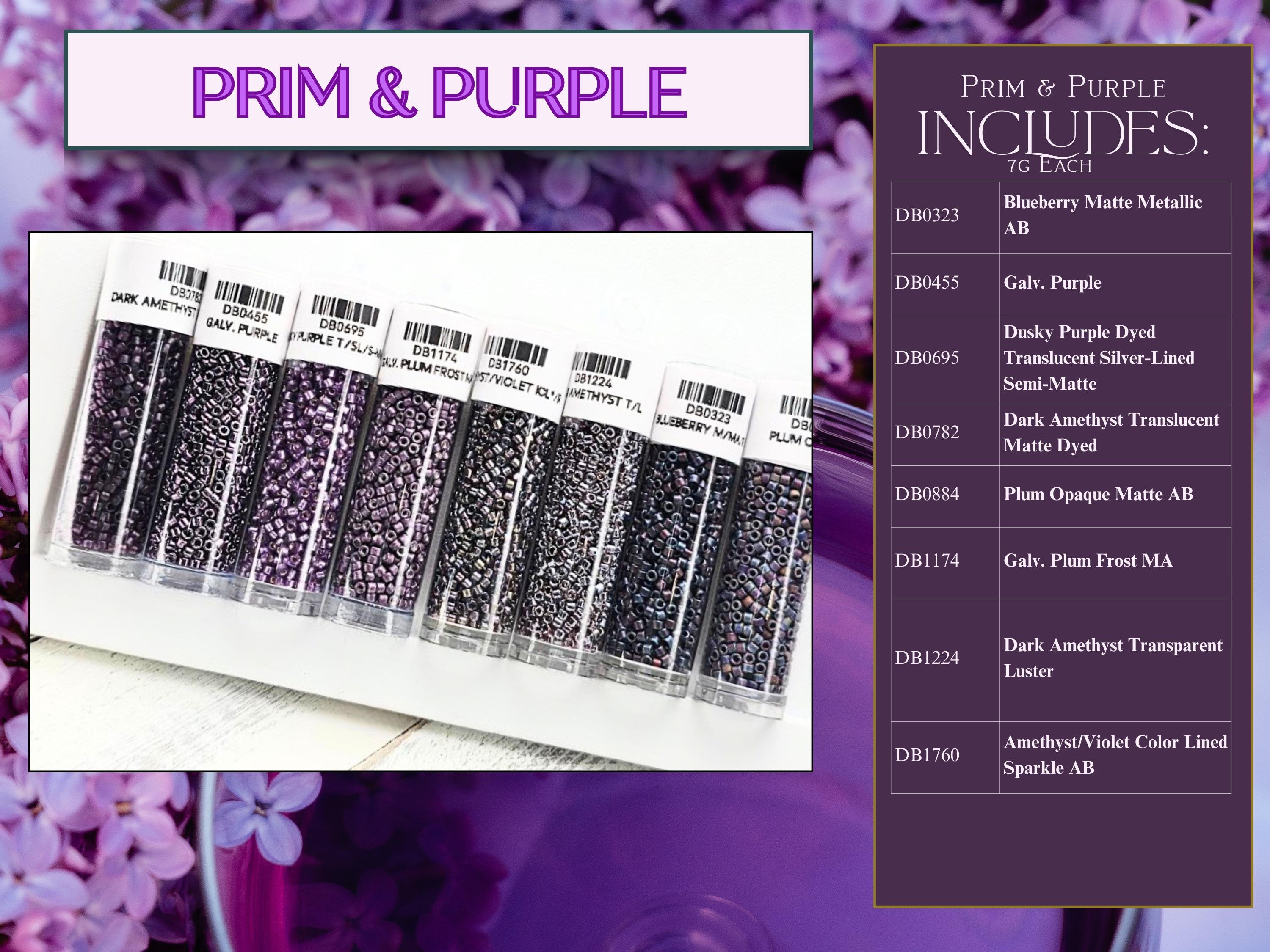 The image is a collage of various purple beads, each labeled with a different color, arranged in multiple rows. The image also includes a list of colors and their corresponding descriptions, such as "Blueberry Matte Metallic AB", "Gala, Purple", "Dusky Purple Dye", "Dusky Purple Dye", "Transparent Silver-Limited", "Dark Amethyst Translucent", "Dark Amethyst Translucent", "Dark Amethyst Translucent", "Luster&quot