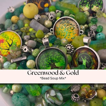 A collection of various beads, charms, and pendants in shades of green, gold, and other colors, arranged in a visually appealing manner.
