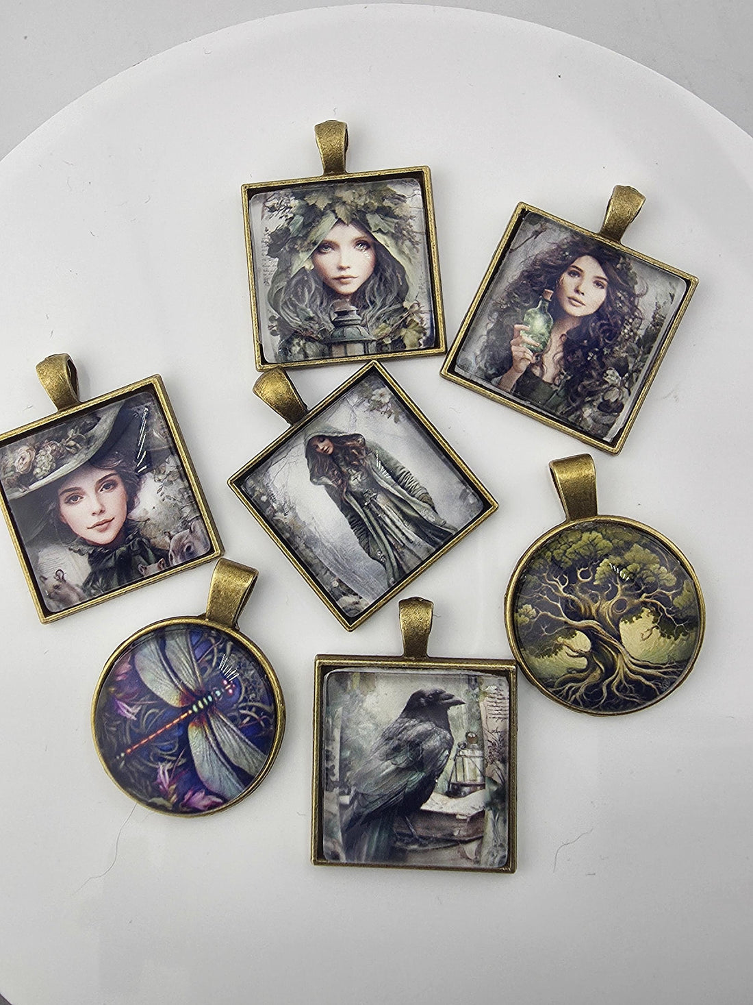 The image is a collage of various beads, charms, and pictures, including a woman's portrait, arranged in a visually appealing manner.