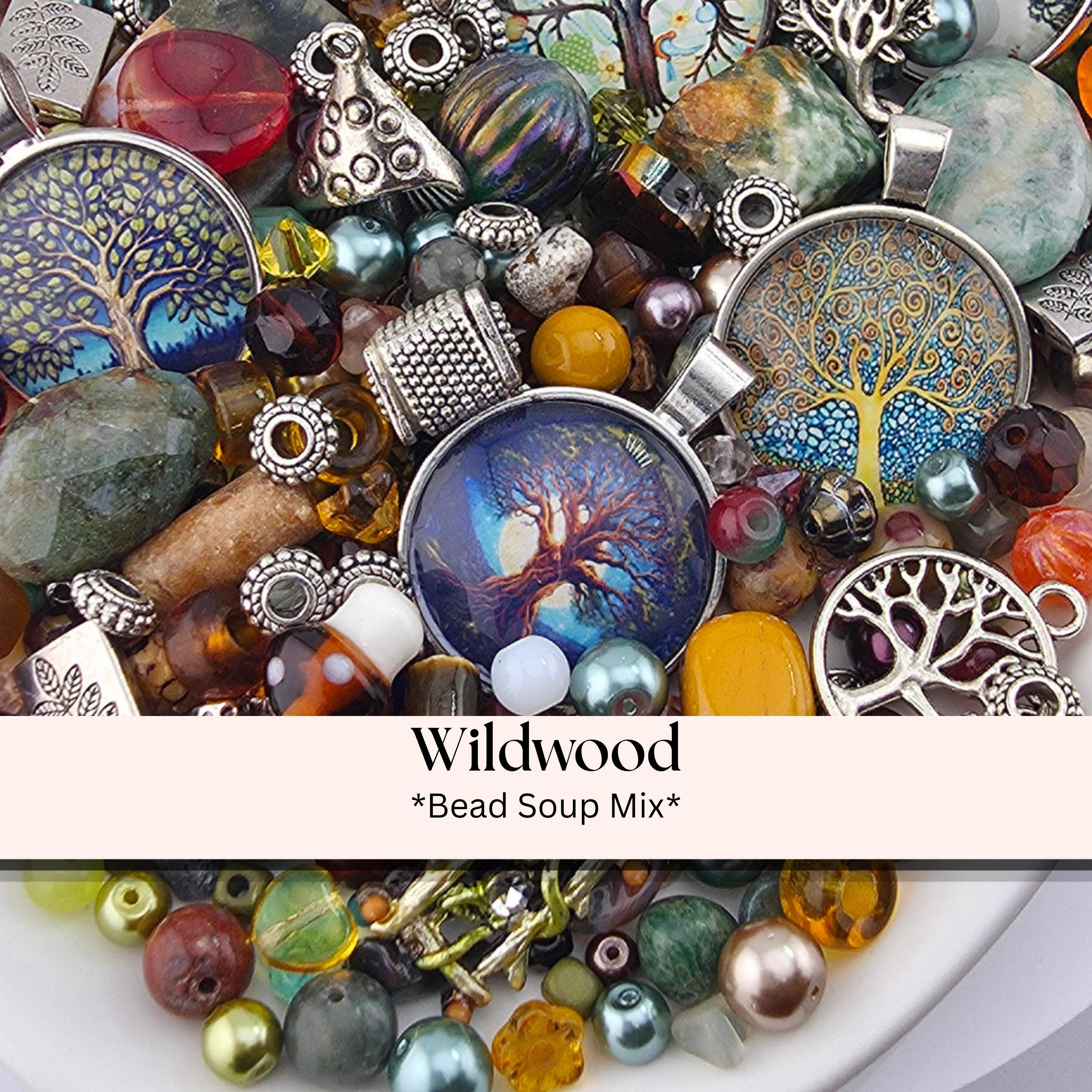 The image is a collage of various beads, charms, and jewelry pieces, including a tree-themed pendant, a mix of colorful beads, and other decorative elements.
