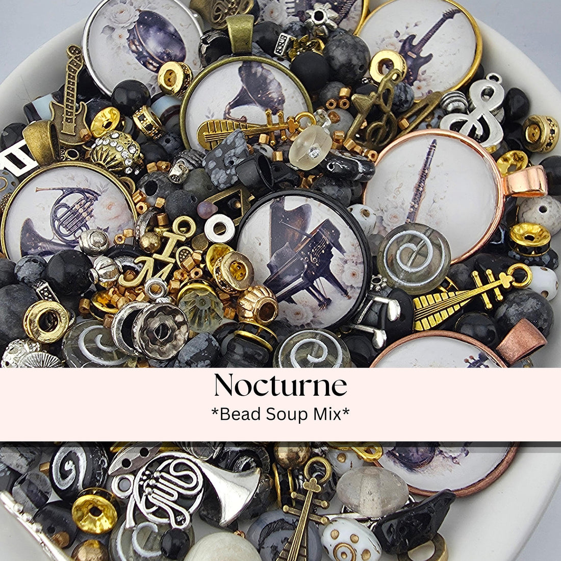The image is a collage of various beads, charms, and other decorative elements, including a brass instrument, a clock, and musical notes, arranged in a visually appealing manner.
