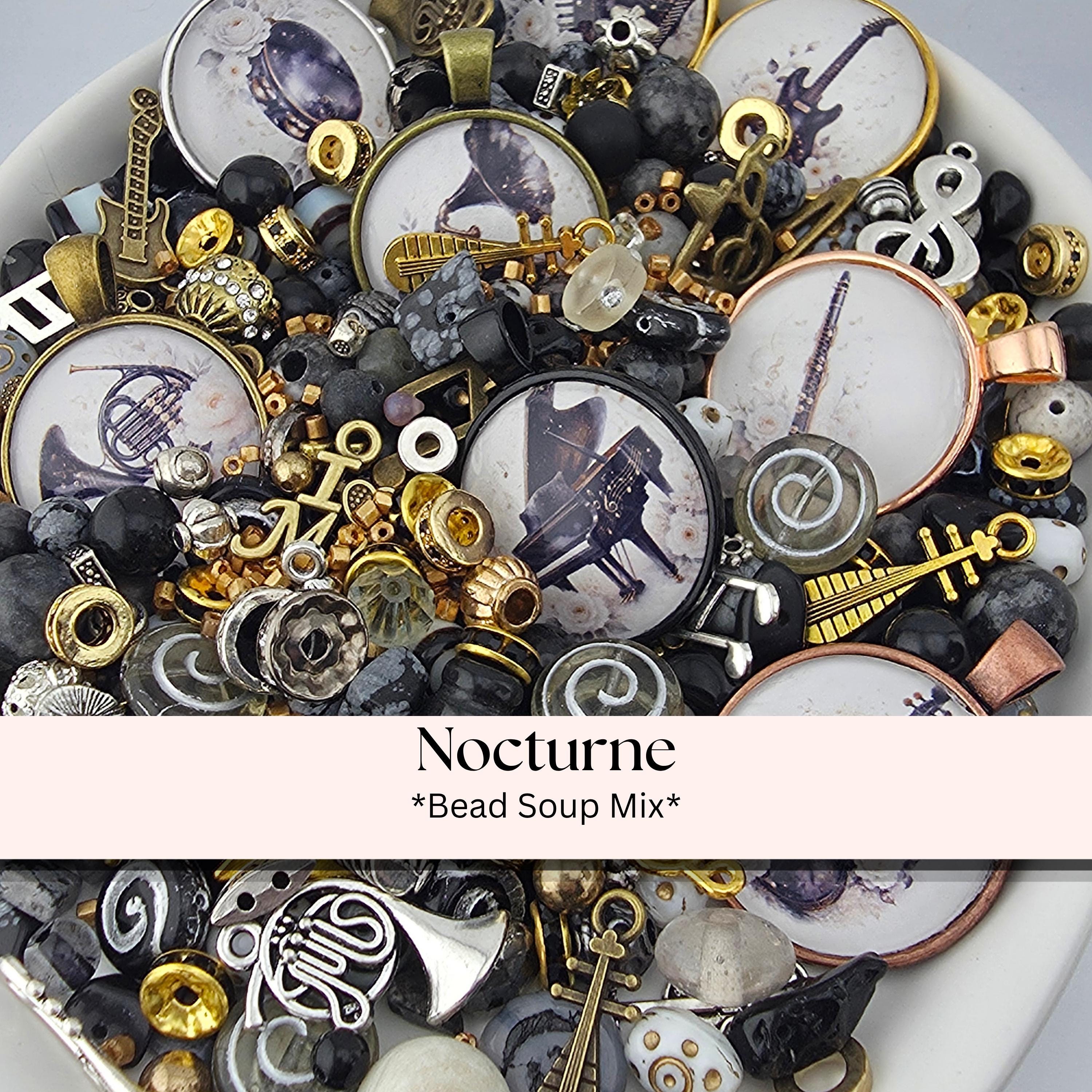 The image is a collage of various beads, charms, and other decorative elements, including a brass instrument, a clock, and musical notes, arranged in a visually appealing manner.