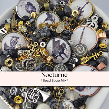The image is a collage of various beads, charms, and other decorative elements, including a brass instrument, a clock, and musical notes, arranged in a visually appealing manner.