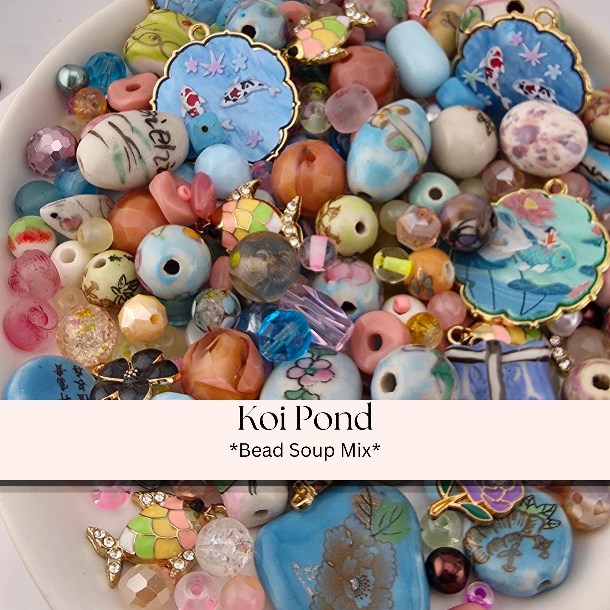 A plate filled with a variety of colorful beads, charms, and other decorative items, including some that appear to be food-related.