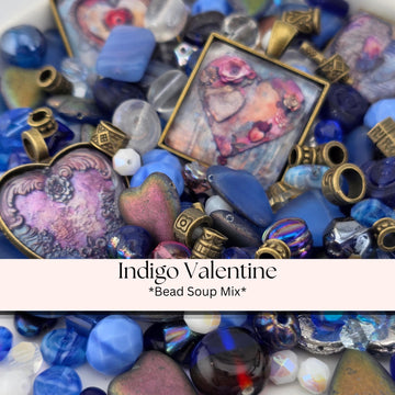 The image is a collage of various beads and jewelry pieces, including heart-shaped and square-shaped elements, as well as some with a floral design. The text "Indigo Valentine *Bead Soup Mix*" is displayed, indicating that this is a collection of beads and jewelry items related to the "Indigo Valentine" brand.