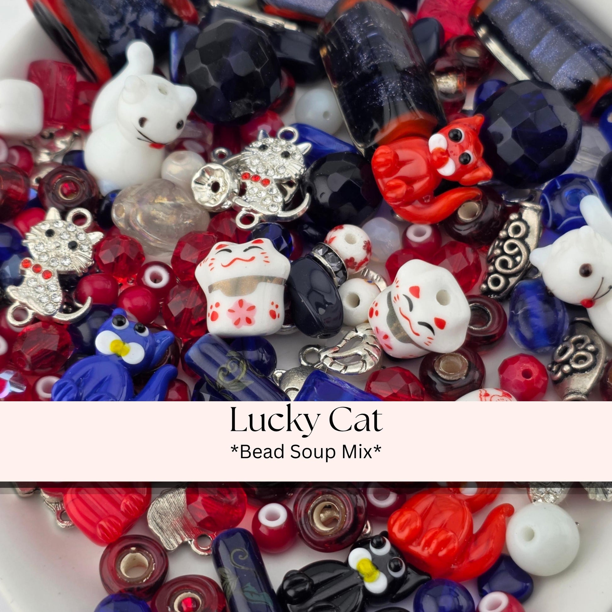 A collection of colorful beads, charms, and figurines, including a white cat figurine, are scattered across a surface.