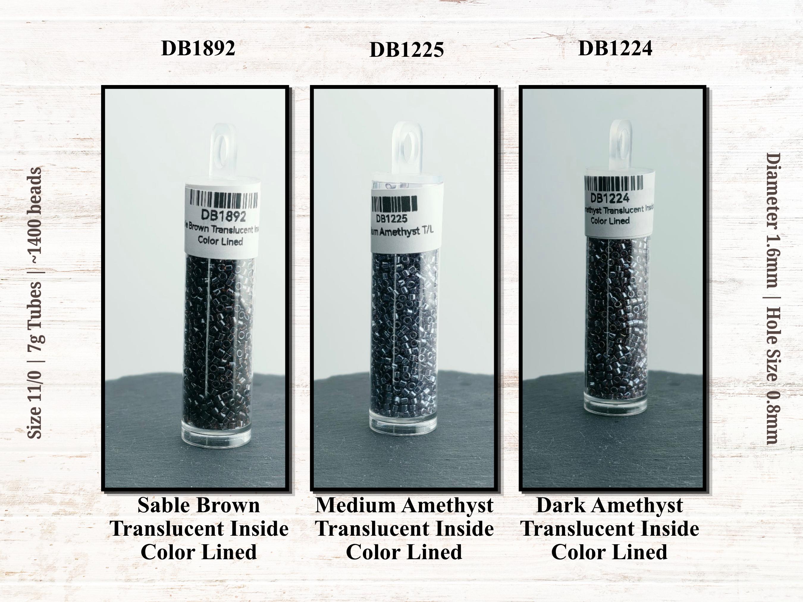 three labeled images of transparent beads, each with different colored lines inside them. The labels indicate the type of beads and their color lined.