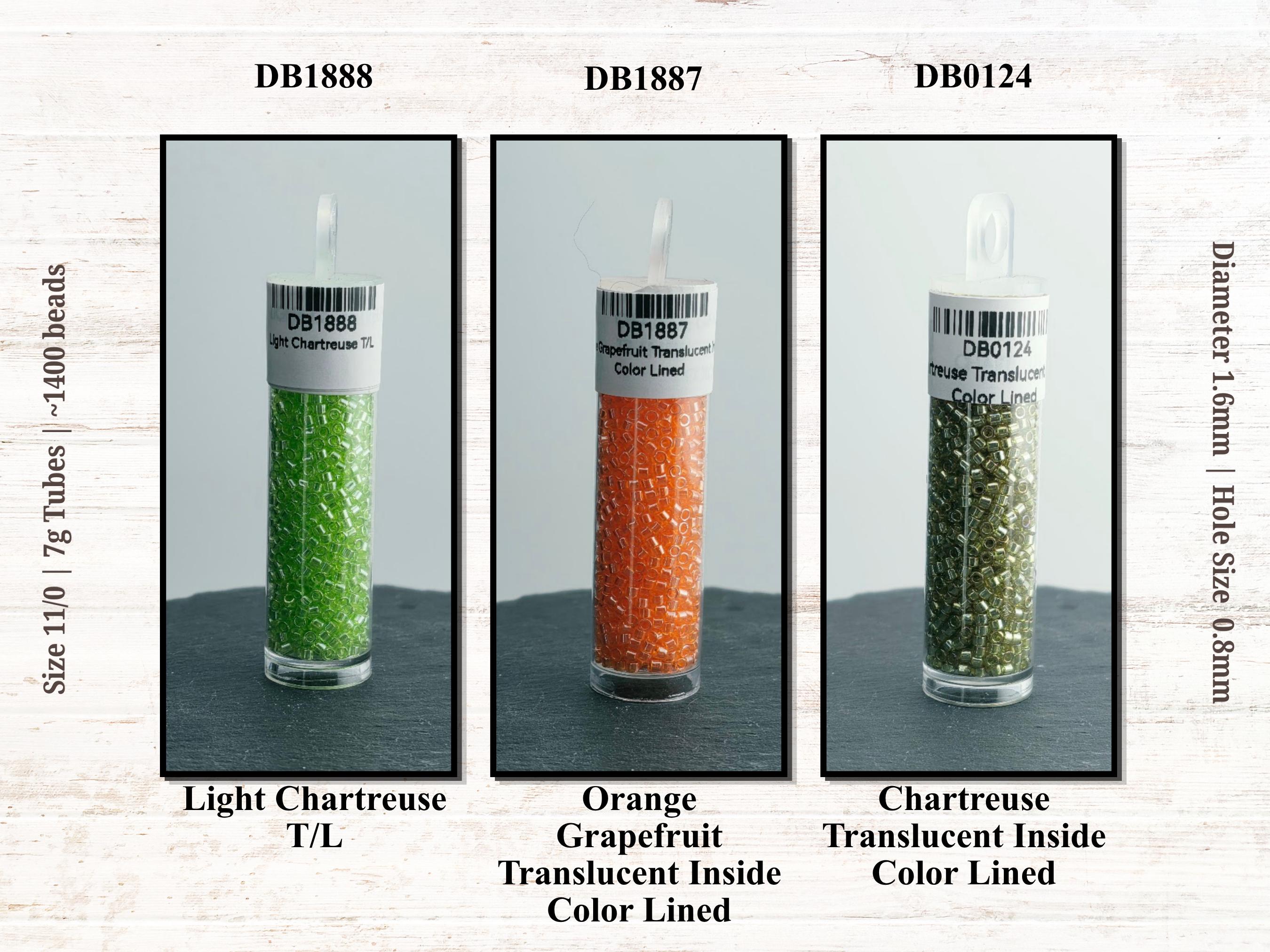 three different colored glass beads, each labeled with its name and size.