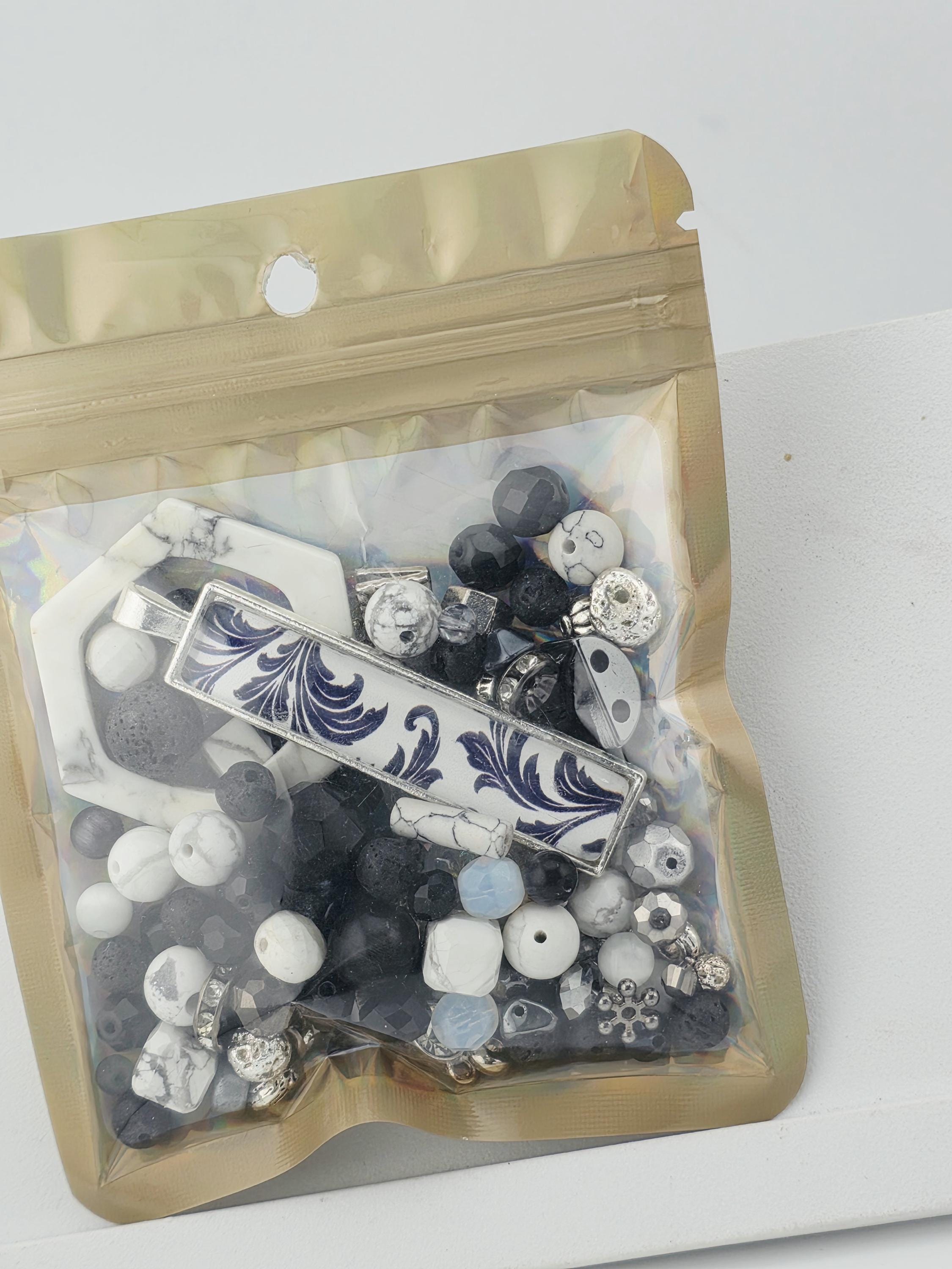 Smoke and Silver Bead Soup Mix | Black and White Damask Glass Beads | Toile Bar Cabochon Pendants | DIY Jewelry Making | Learise Curated Mix