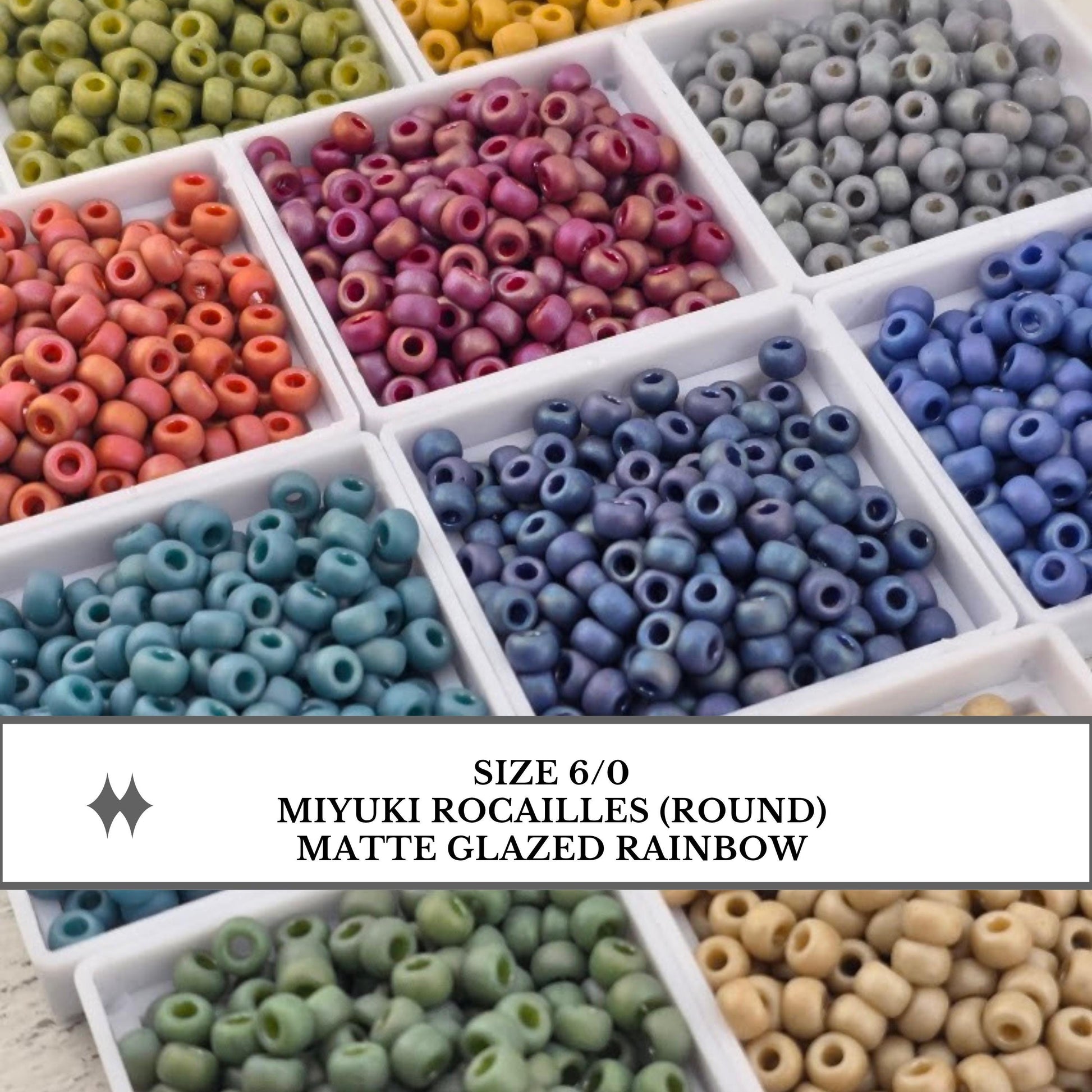 a collection of colorful beads in various sizes, including round and square beads, arranged in multiple white containers.