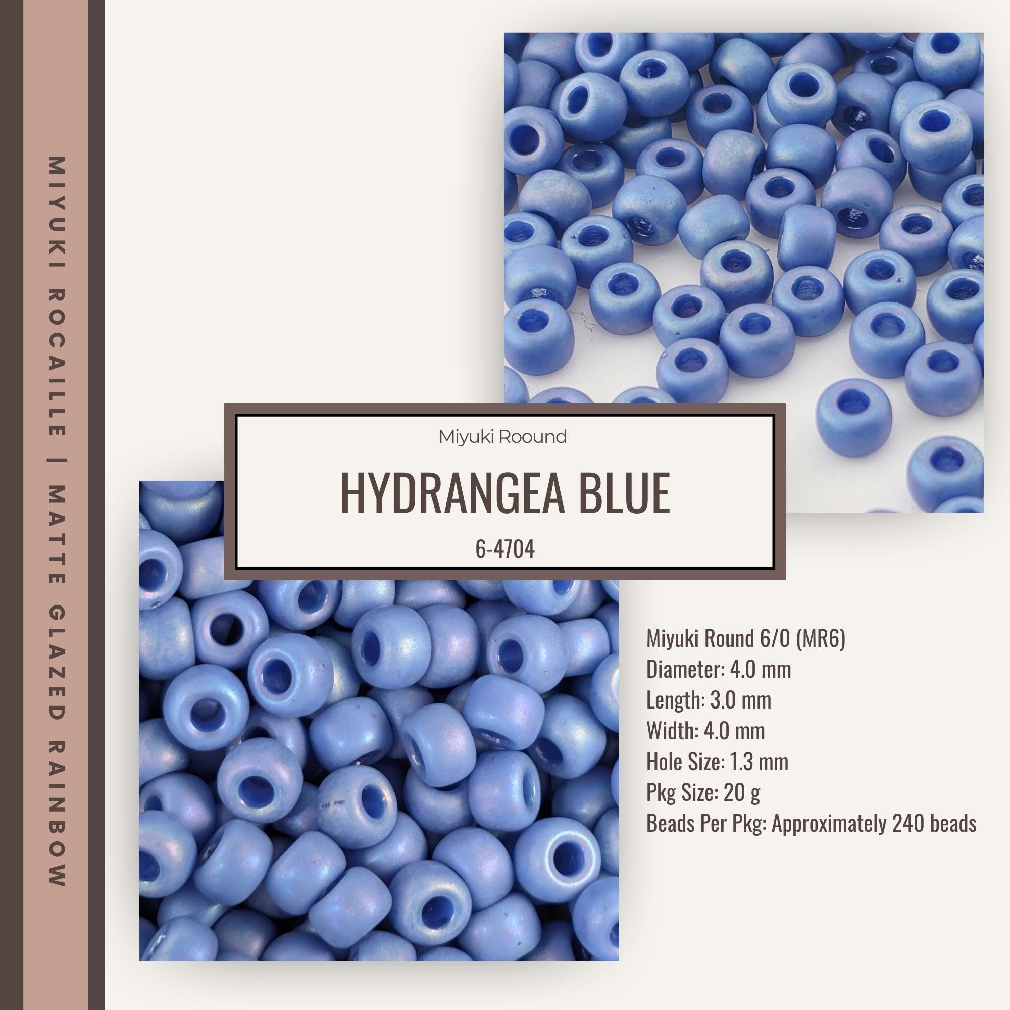 The image is a collage of two images showing a large collection of blue beads, likely Hydrangea beads, with a focus on the color and size of the beads.